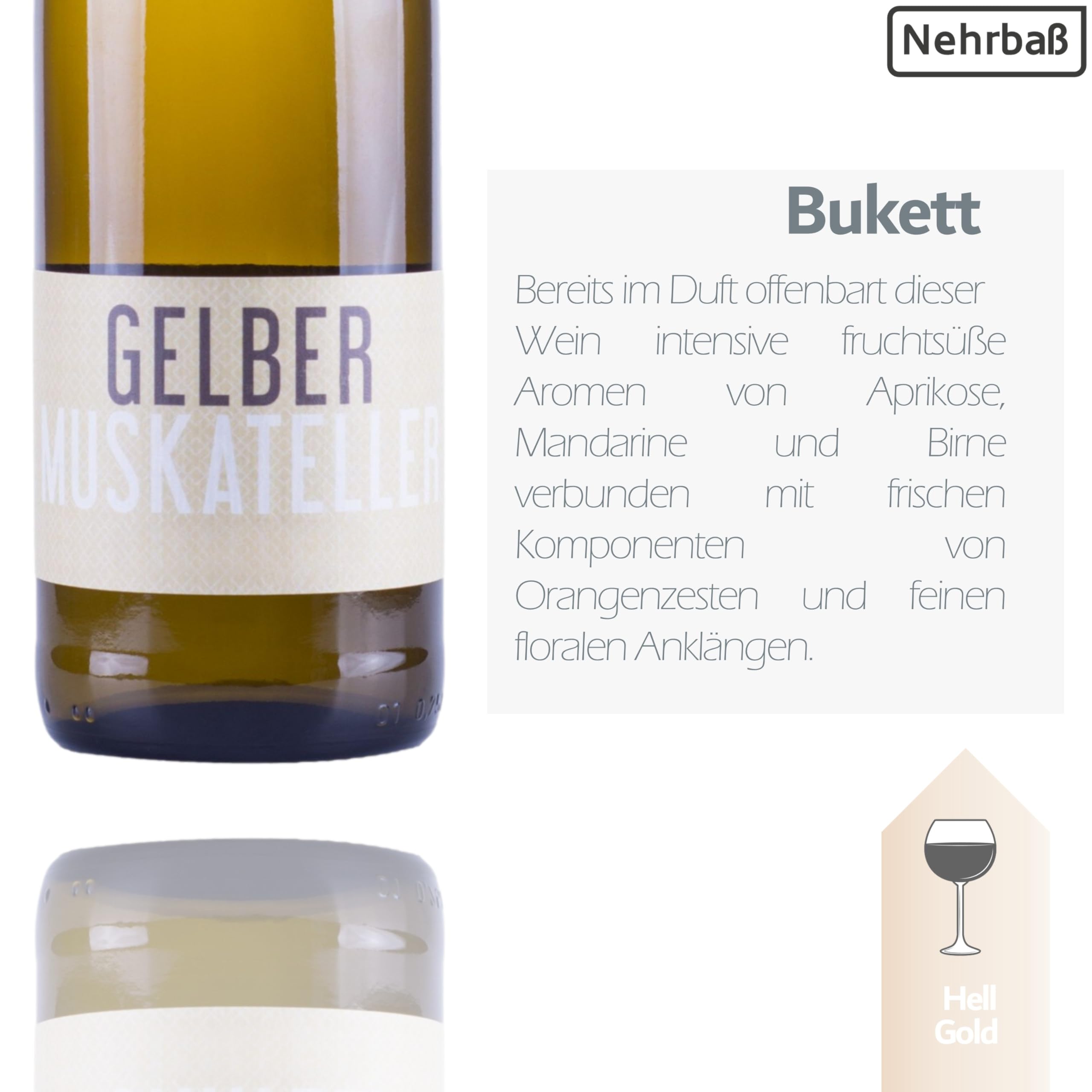Nehrbaß - “Gelber Muskateller 2024” - Weißwein lieblich 6 x á 0,75 Liter - Vegan - Aus Deutschland (Rheinhessen) - mit Schraubverschluss - Qualitätswein