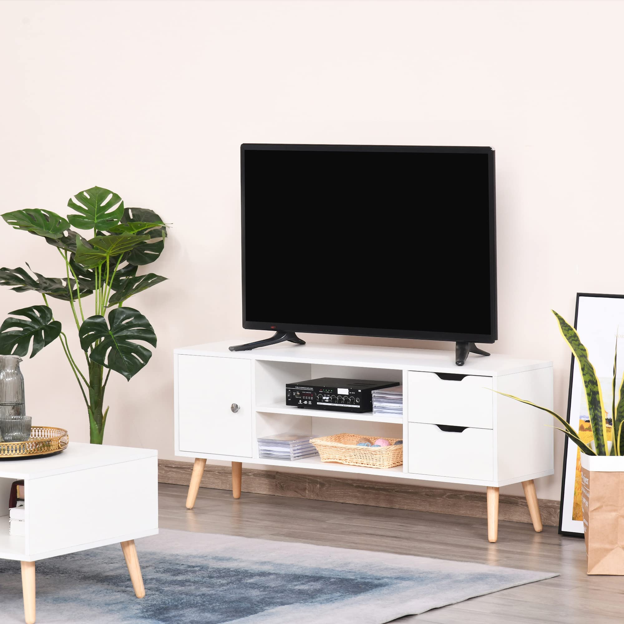 HOMCOM Mueble de TV para Televisiones de 50" Mesa de Salón Moderno con Puerta 2 Estantes Abiertos y 2 Cajones Carga 30 kg para Dormitorio Sala 120x28x44 cm Blanco