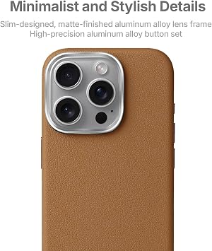 Hybrid Silicone Case with Metal Keys and Metal Lens Frame with Unscratched and Fingerprint-Free Leather Look Compatible with MagSafe for Minesk iPhone 15 Pro Max (Taba, 15 Pro Max)