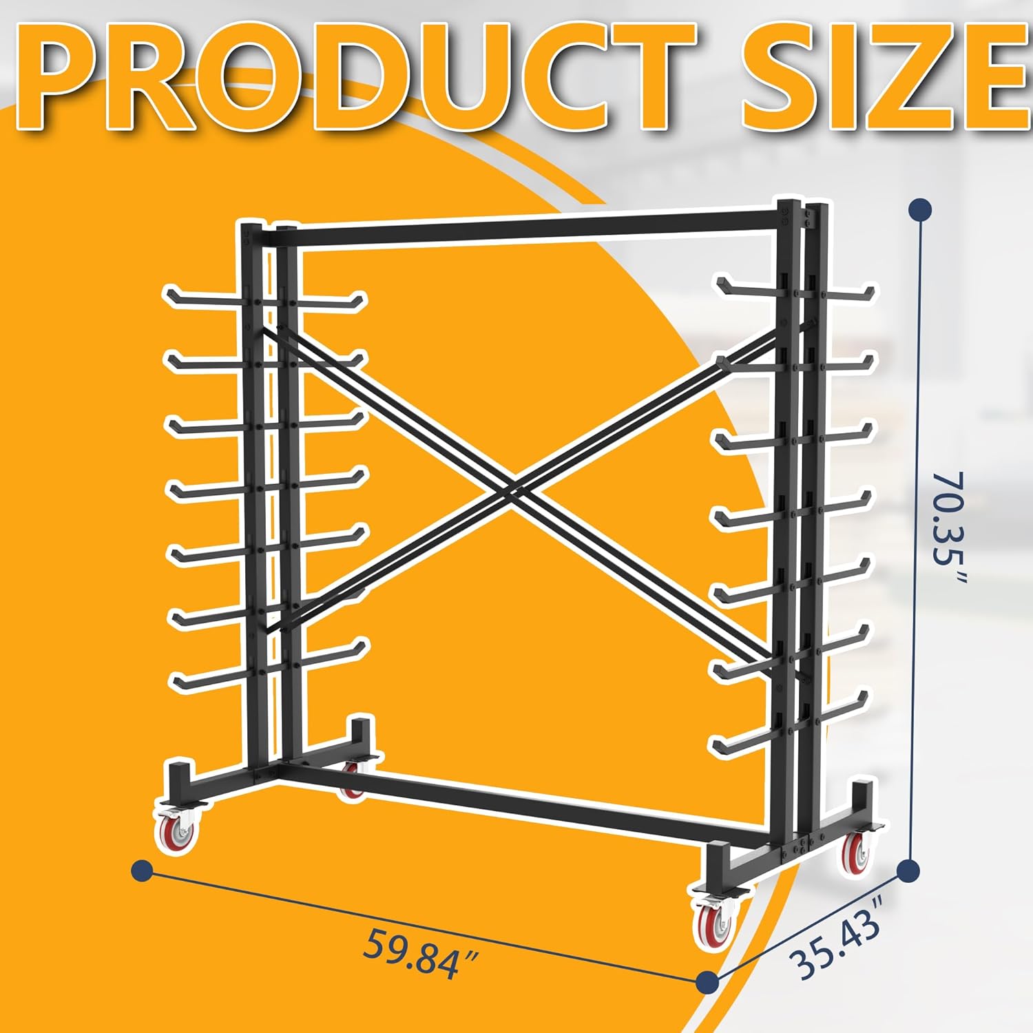 7-Tier Steel Horizontal Storage Rack,Detachable Lumber Storage Rack,Load 2000 Lbs Heavy Adjustable Pipe Rack Lumber Organizer Shelf for Garage Workshop Shed Basement Black(With Wheel)