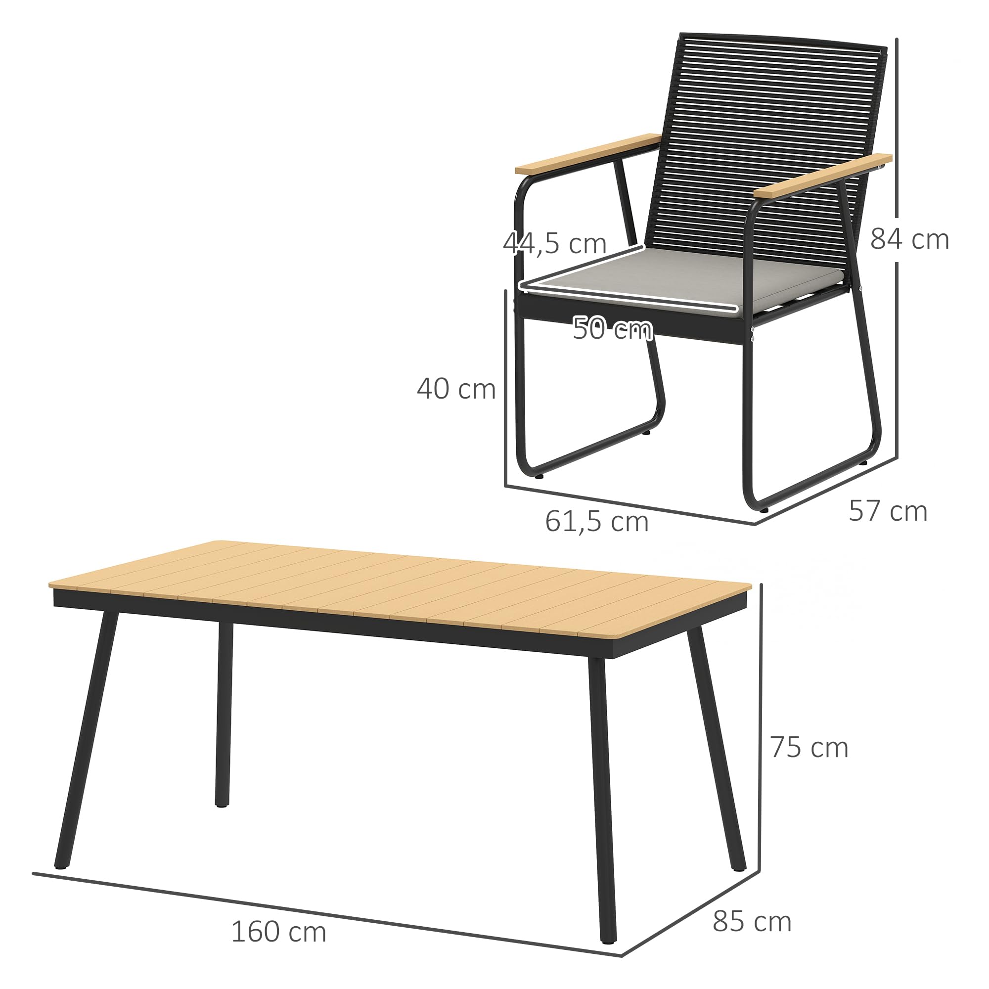 Outsunny Sitzgruppe 7-TLG. Metall Essgruppe 6Per. Gartenmöbel-Set Naturholz | Esstisch, Tisch mit 6 Stühlen, Esszimmergruppe, Küchentisch-Set mit Metallgestell, Balkonmöbel
