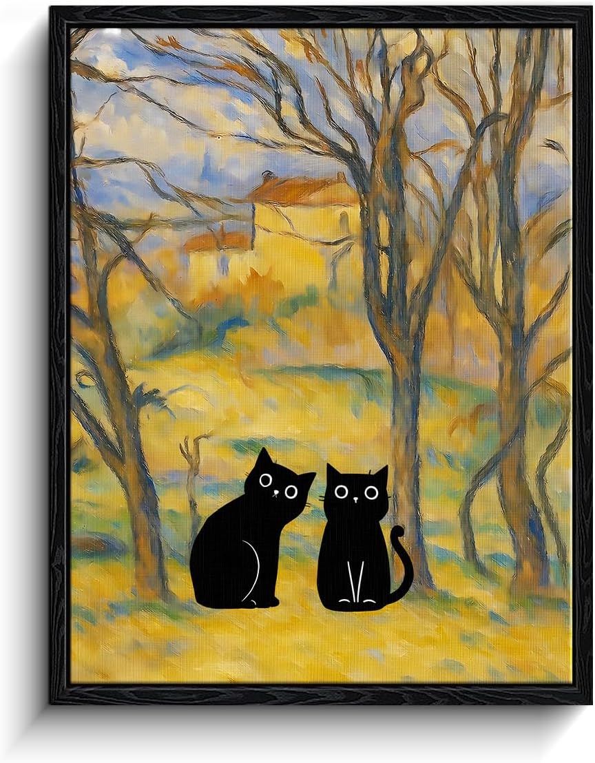 Framed Black Cat Wall Art, Funny Black Cats in Café Terrace at Night Vincent van Gogh Style Canvas Wall Art, Eclectic Posters for Room, Bedroom Living Room Bathroom Wall Decor, 8 x 10 Inches
