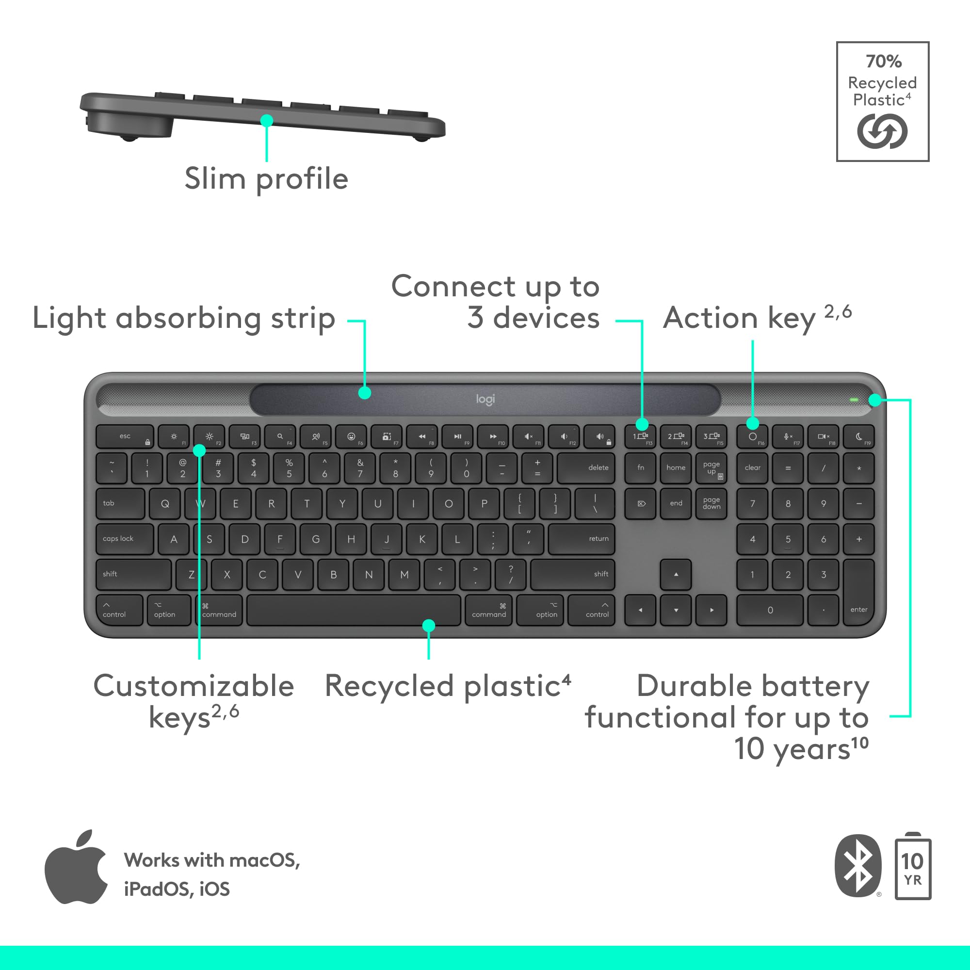Logitech Signature Slim Solar+ Wireless Bluetooth Keyboard K980 for Mac, Solar and Artificial Light Powered, Up to 10 Years Battery Life, Customizable Keys - Graphite