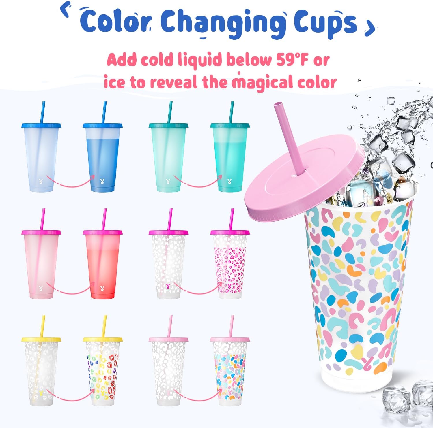 Meoky Plastic Cups with Lids and Straws - 6 Pack 24 oz Color Changing Cups, Iced Coffee Cups, Reusable Tumblers Bulk for Party, Car, Adults, Women, BPA-free (Solid & Patterned) - Image 2