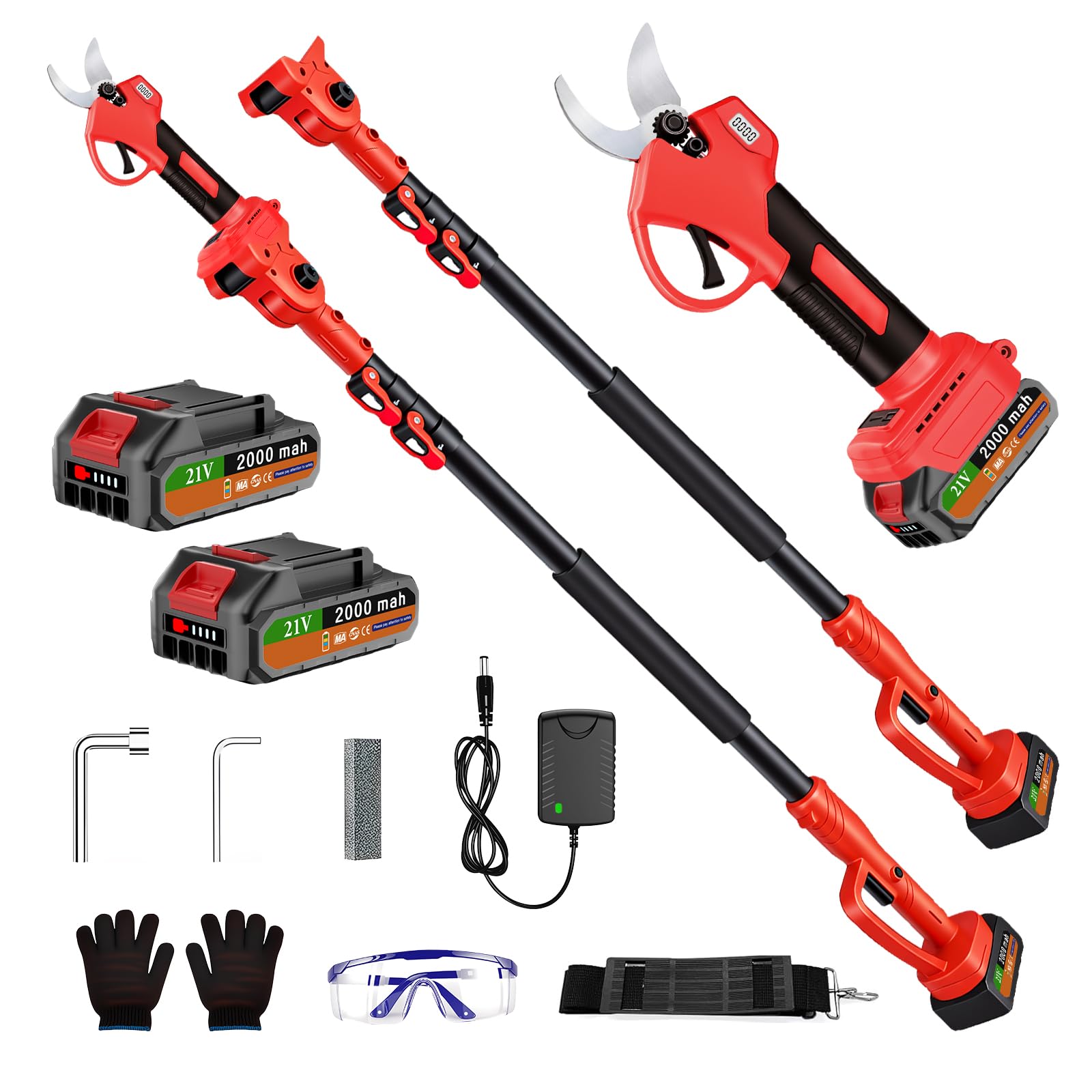 Set professionale per potatura a batteria, orientabile a 180°, con display numerico, 2 batterie da 2000 mAh, tracolla, guanti, occhiali di protezione, coltello di ricambio per albero di frutta