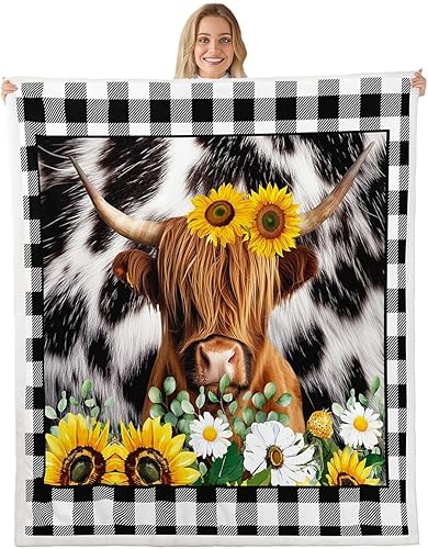 Bonita manta de vaca de las tierras altas, mantas de girasol para niños y adolescentes, manta de forro polar a cuadros con estampado de piel de vaca