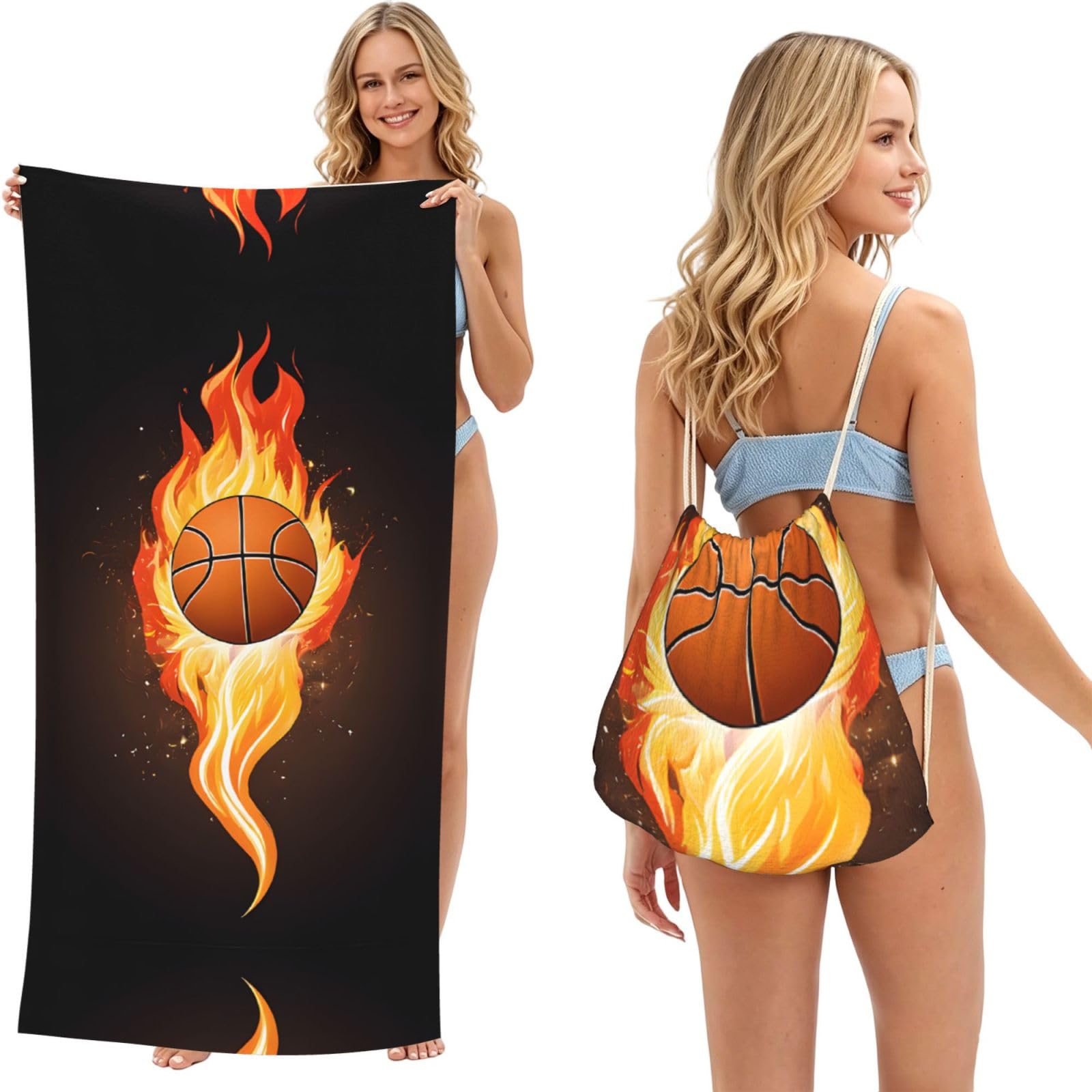 ESNAIUVCD Basketball Print Beach Towel For Adults,Towel With Drawstring Bag, Travel Pool Swimming Sports Shower Sand Free Quick Dry Bath Towel For Pool, Beach, Yoga- 180x60cm