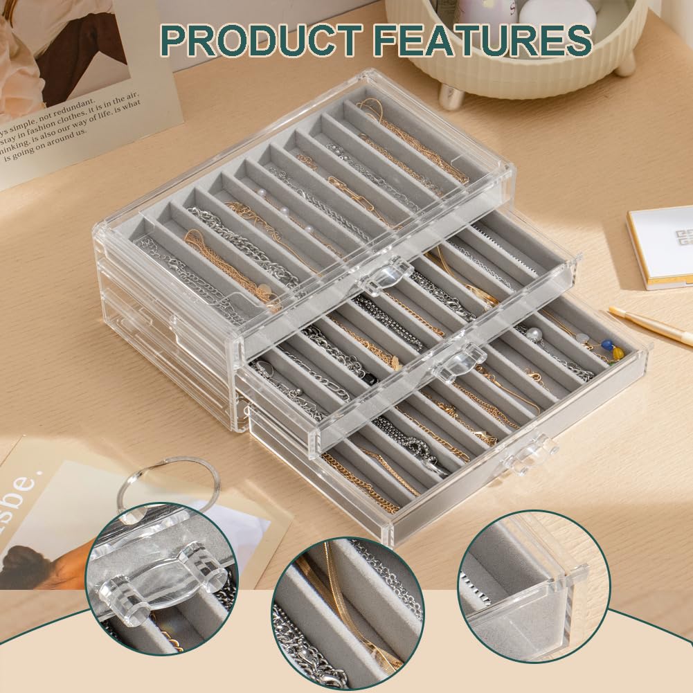 YUFONG Armband-Organizer-Box, staubdicht, Armbandhalter, Organizer, transparent, stapelbar, Schmuckbox aus Samt, Schmuck-Displays für Ketten, Armbänder, Anhänger (Grau, 3 Schubladen)