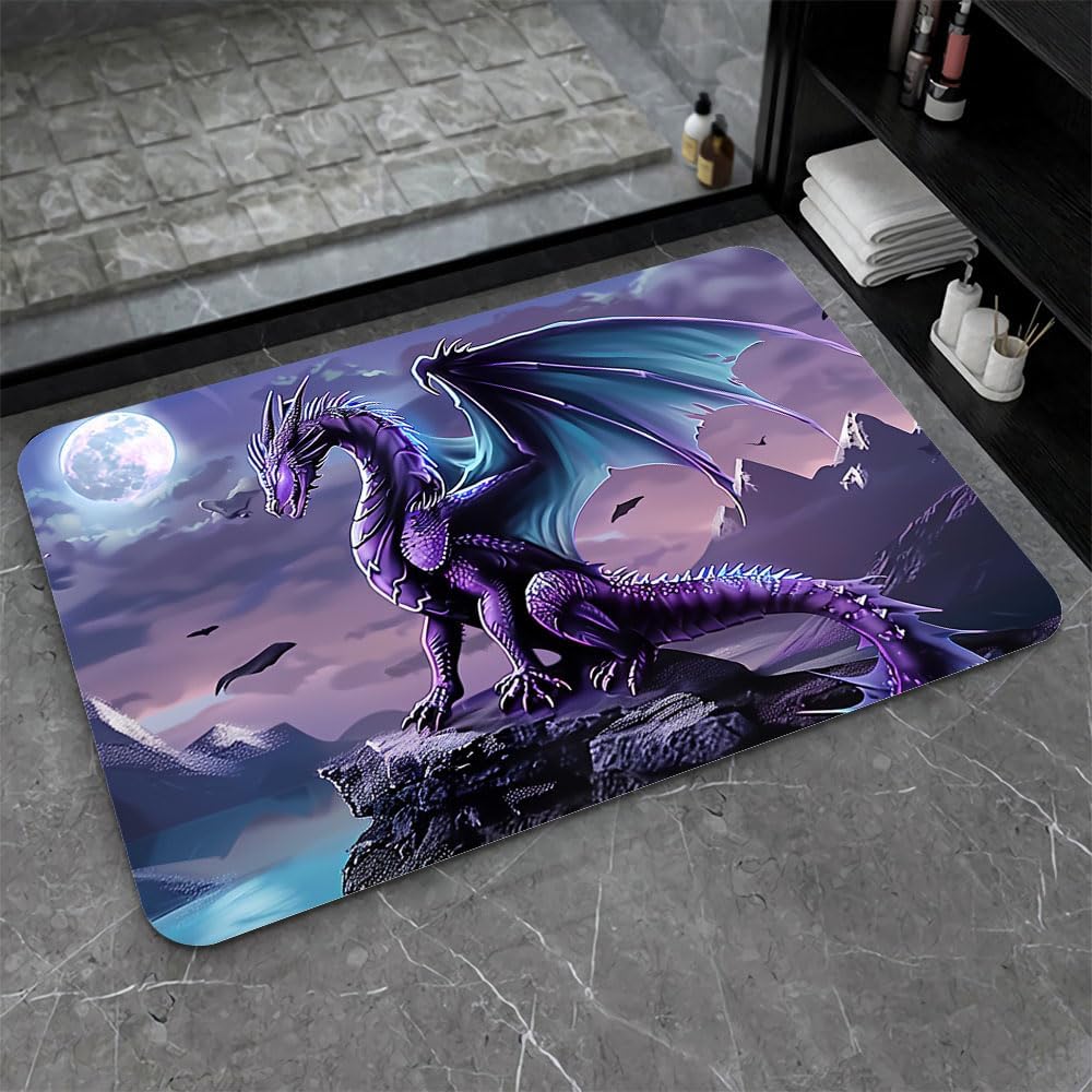 Bath Mat-Bathroom Rug，Purple Dragon with Blue Wings-Absorbent Non Slip Quick Dry Stain Resistant Easy to Clean Care Shower Rug for Bathtub Shower Room 17×27.5Inch (43 * 70cm)