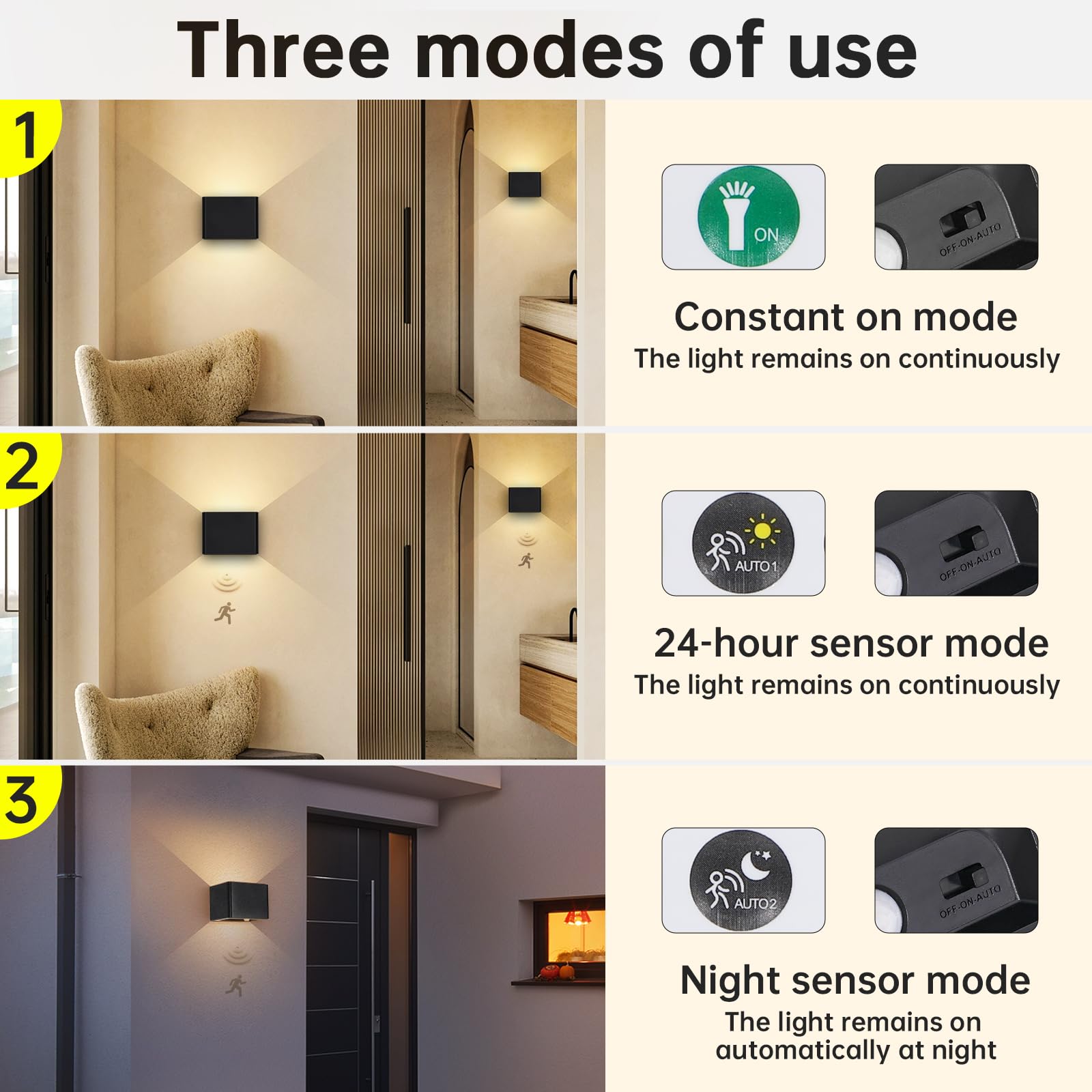 Kambo Wandleuchte Innen Akku LED mit Bewegungsmelder 3 Farben, 2 Stück | Aufladbare Kabellos Wandlampen, Batteriebetriebene Wandleuchte, Schwarz für Treppe Flur Garten