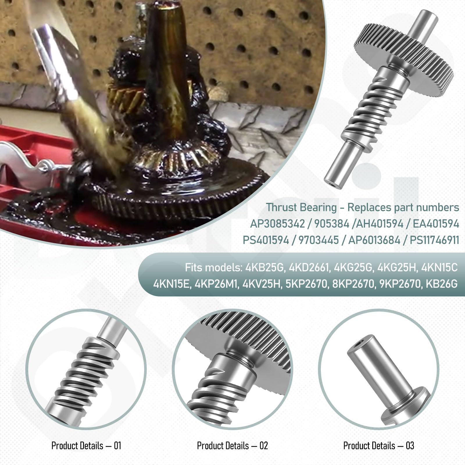 Ohoho 9706529 W11086780 9709231 WP9709231 WP9709231 - Pieza de repuesto para mezclador Whirlpool/Kitchenaid 5QT y 6QT con anillo de sujeción, grasa de 51 g y cojinete de tope 9703445