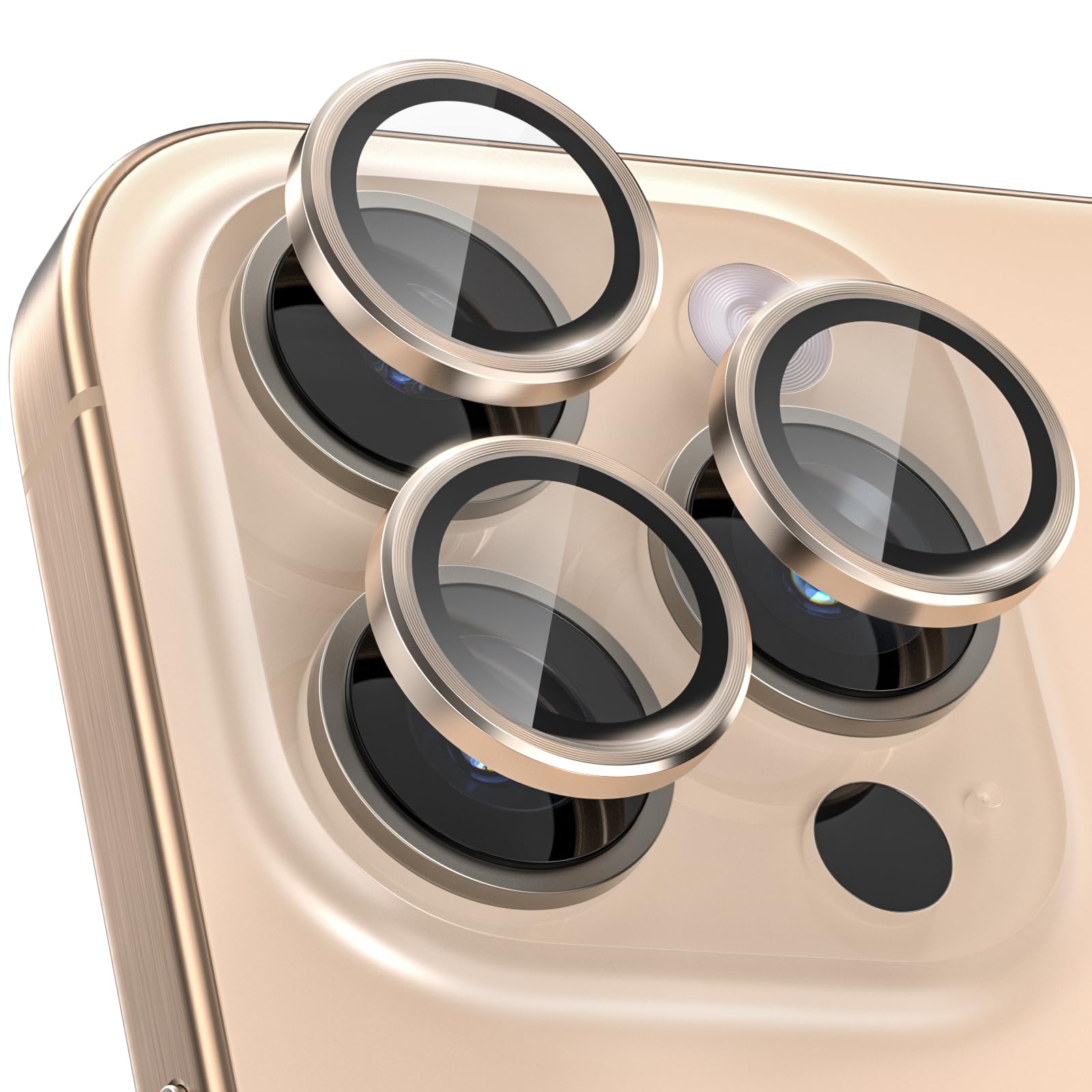 CloudValley iPhone 16Pro /iPhone 16 Pro Max用カメラレンズプロテクター、ウルトラHD強化ガラスカメラカバー[ケースフレンドリー]メタル個別レンズスクリーン保護リング、ゴールド