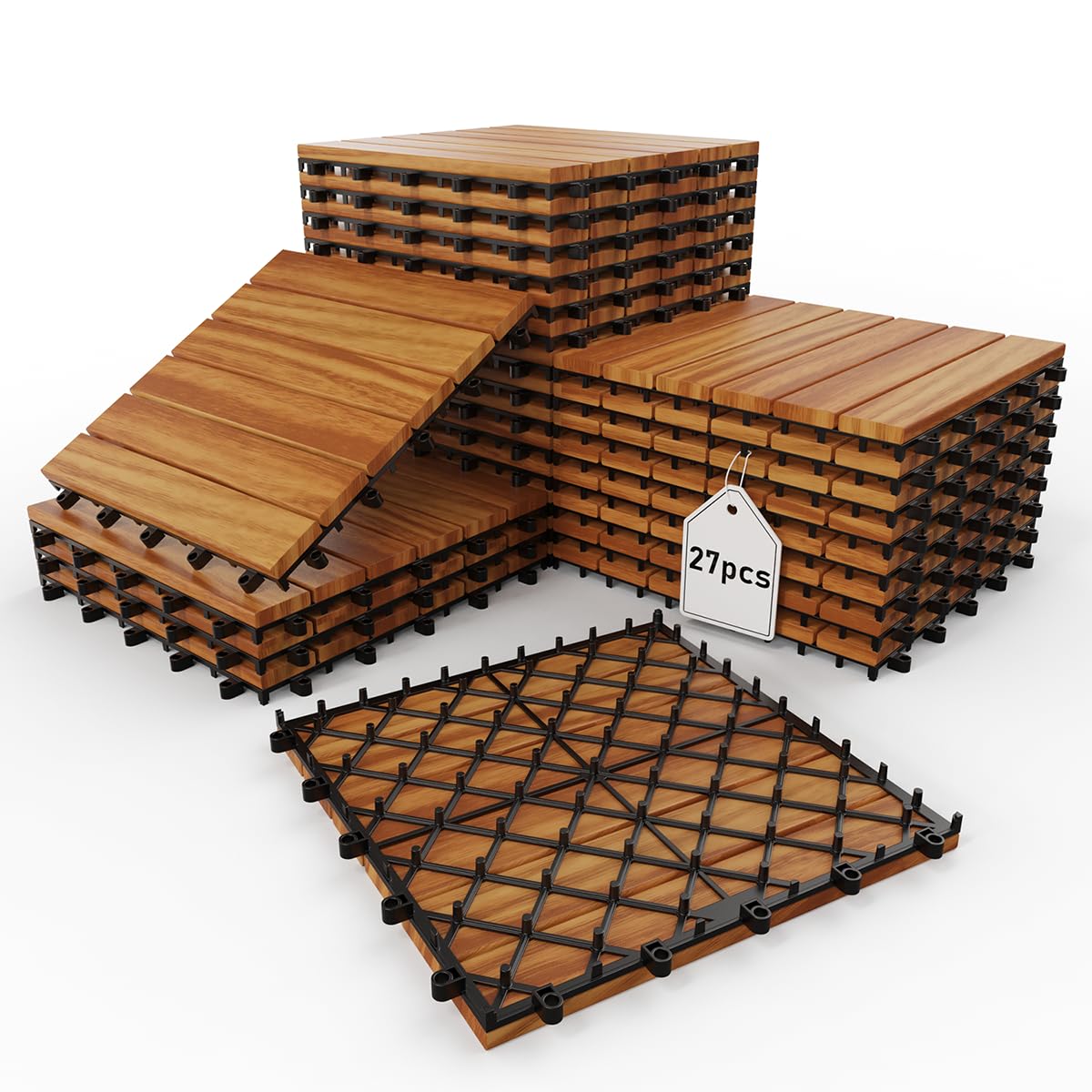 Lot de 27 dalles de terrasse en bois d'acacia emboîtables pour terrasse, jardin et arrière-cour, 30,5 x 30,5 cm, revêtement de sol extérieur en bois naturel durable pour balcon et décoration