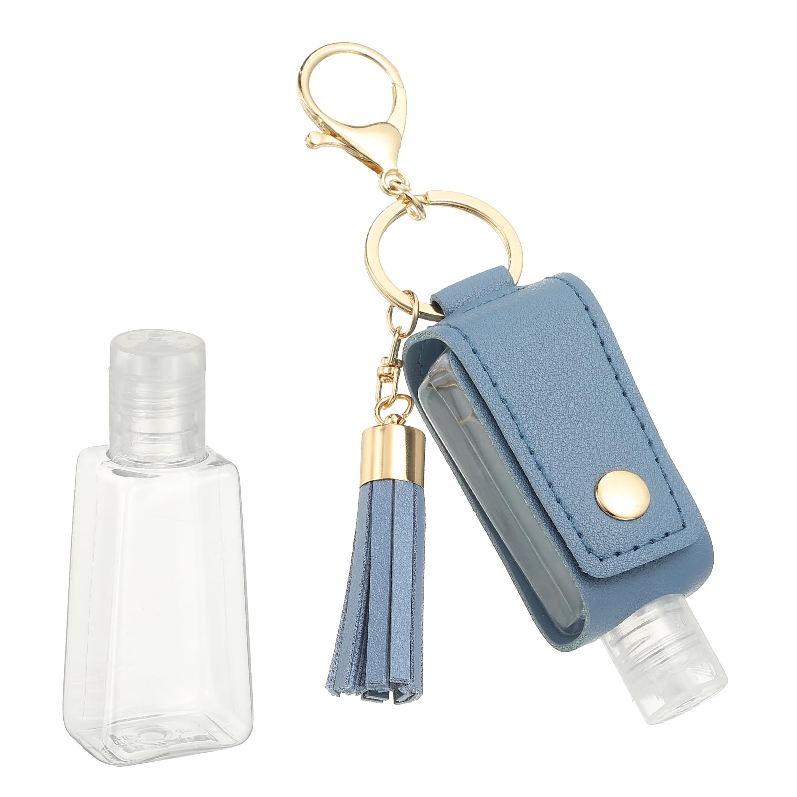 sourcing map Portable Travel Empty Bottle with Keychain, 30ml PU Leather Mini Squeeze Bottles, Hand Liquid Refillable Container Travel Size for Toiletry Lotion Shampoo Liquid Soap, Sky Blue