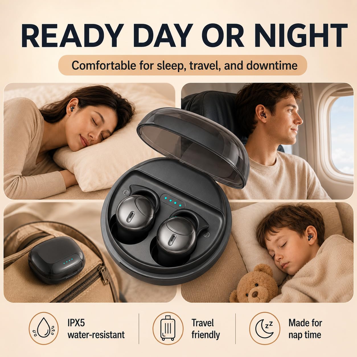 Mini Sleep Earbuds Wireless - IPX5 Wasserdicht, Leichte Schlafkopfhörer Bluetooth 5.3 für empfindliche Schläfer, Schmerzloses & Unsichtbares Design Kopfhörer, Lange Akkulaufzeit (Schwarz)