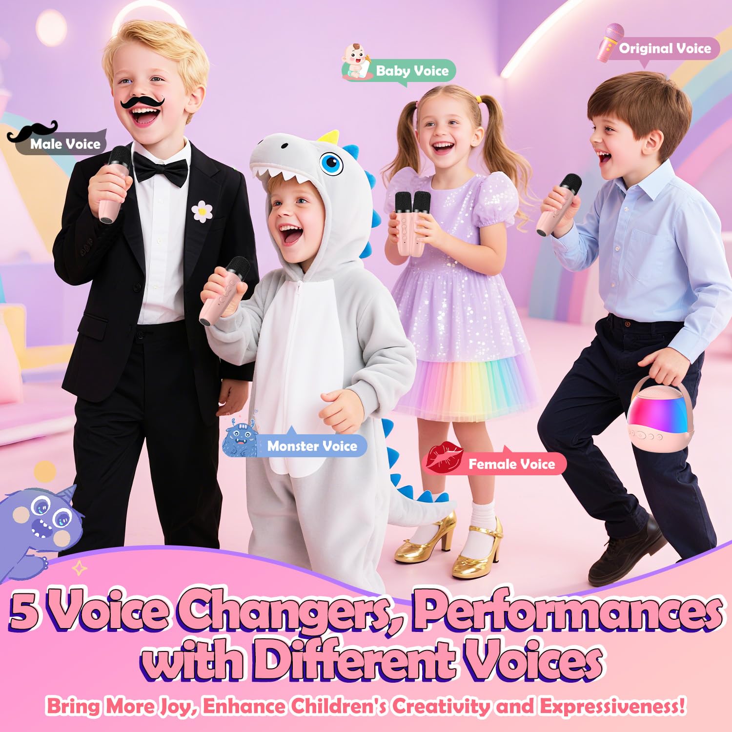 Karaoke con Microfono Bambini Wireless - Regalo Bambina 3+ Anni Karaoke Bambini con Effetti di Cambio Voce ＆ Luci RGB - Giochi Bambina 3+ anni Regalo Compleanno per Ragazzi e Ragazze