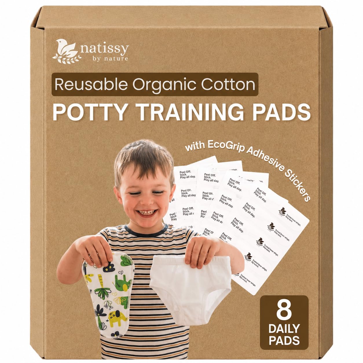 Natissy Waschbare Töpfchentraining Einlagen für Kleinkinder, Waschbar, Weich, Saugfähig, Auslaufsicher und Wiederverwendbar aus Bio-Baumwolle - 8er-Set Daily Fit - Made in EU