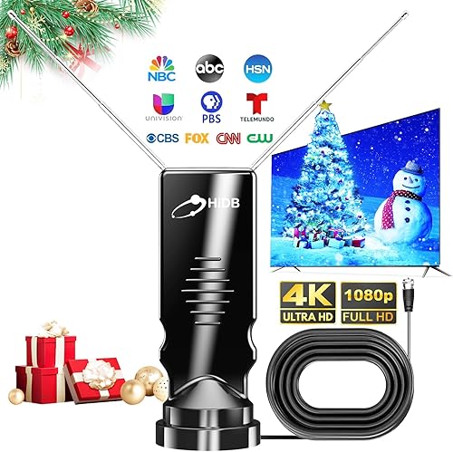 HIDB Antena de TV para Smart TV, antena de TV interior de largo alcance con orejas RABIT HD digital para canales HDTV libres al aire, base adhesiva