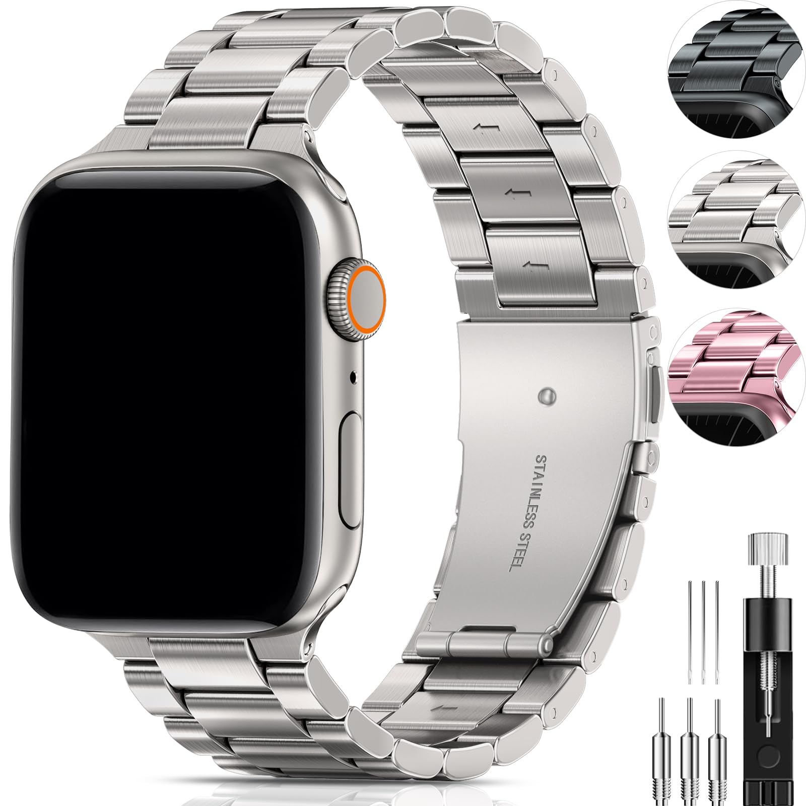 PODOEIL Compatible with Apple Watch Bands 45mm 44mm 42mm 49mm 41mm 40mm 38mm for Men Women, Stainless Steel Metal Watch Band for iWatch Ultra2 Ultra SE2 SE Series 9 8 7 6 5 4 3 2 1