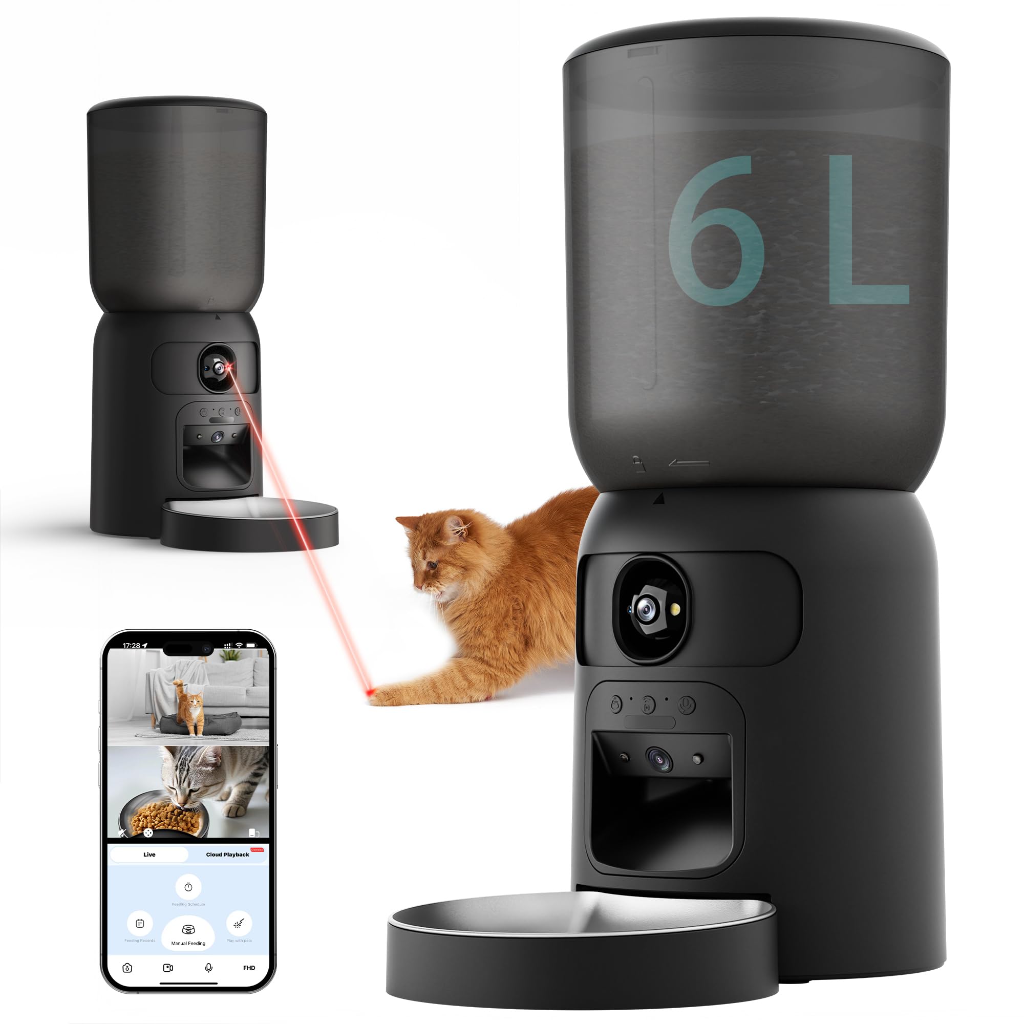 Smart Pet Feeder with 2K Dual Camera & AI Recognition, 6L Automatic Cat Dog Feeder with App Control, 2.4G/5G WiFi, Voice Message, Pet Interaction, Motion Tracking, No Clog, Dual Power, for Multi-Pet