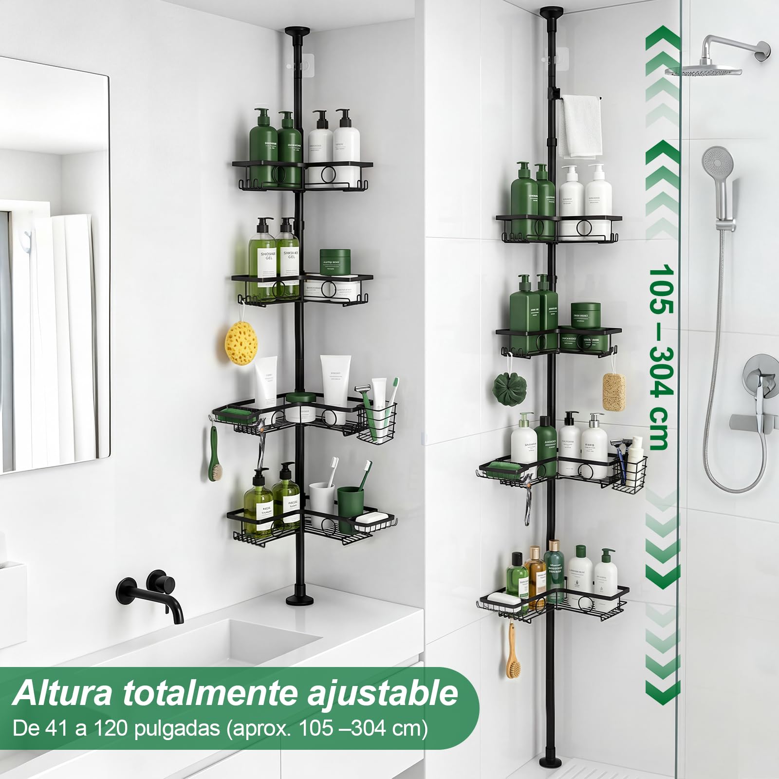 Estanteria ducha sin taladro, 105-304cm, Acero Inoxidable, para Baño | para azulejos, regulable en altura, antideslizante, 2 jaboneras, toallero, cesta