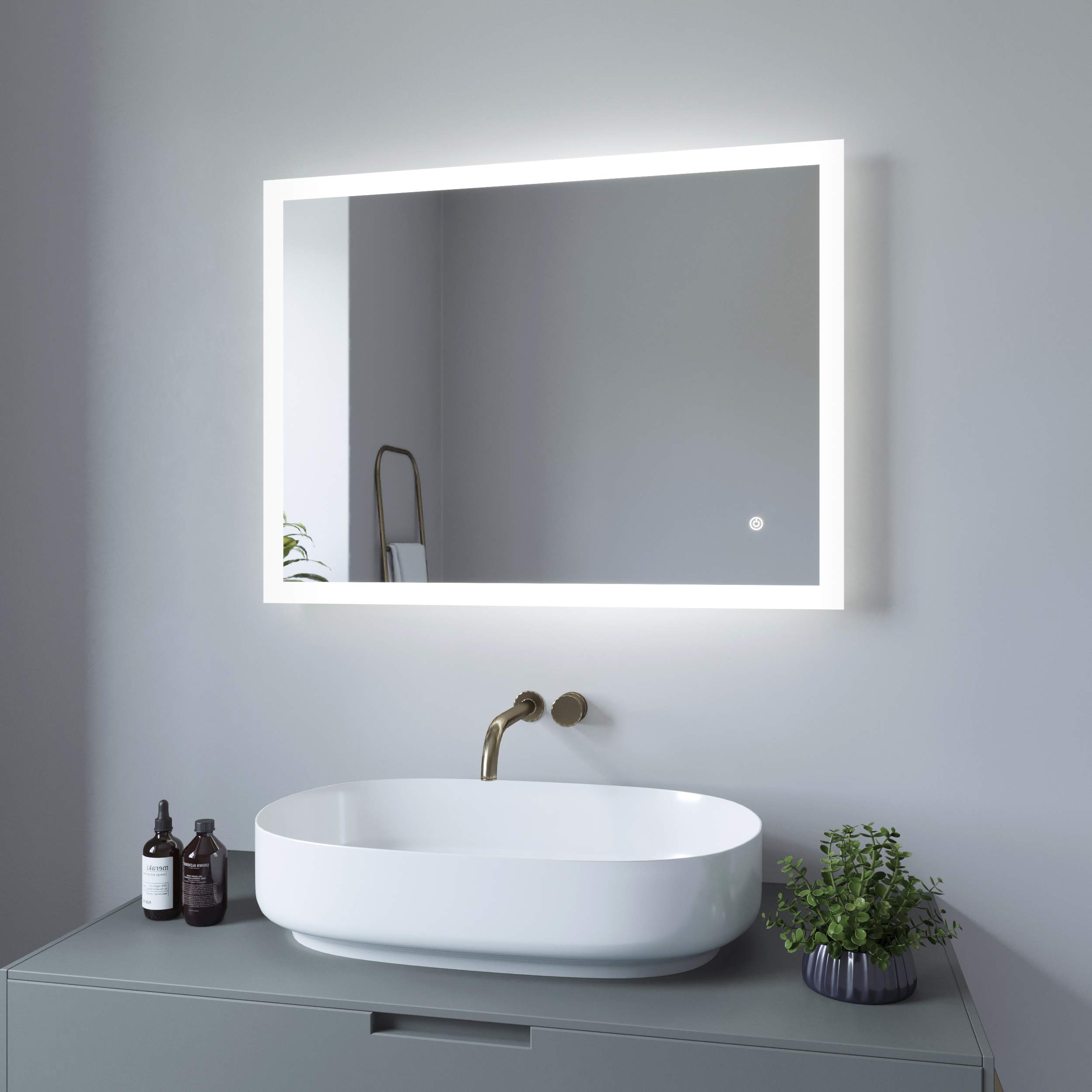 AQUABATOS® Espejo de baño con iluminación, 80 x 60 cm, Espejo de baño con luz LED, Espejo de Afeitado, Espejo de Mesa, Interruptor táctil, Regulable, calefacción de Espejo, antivaho