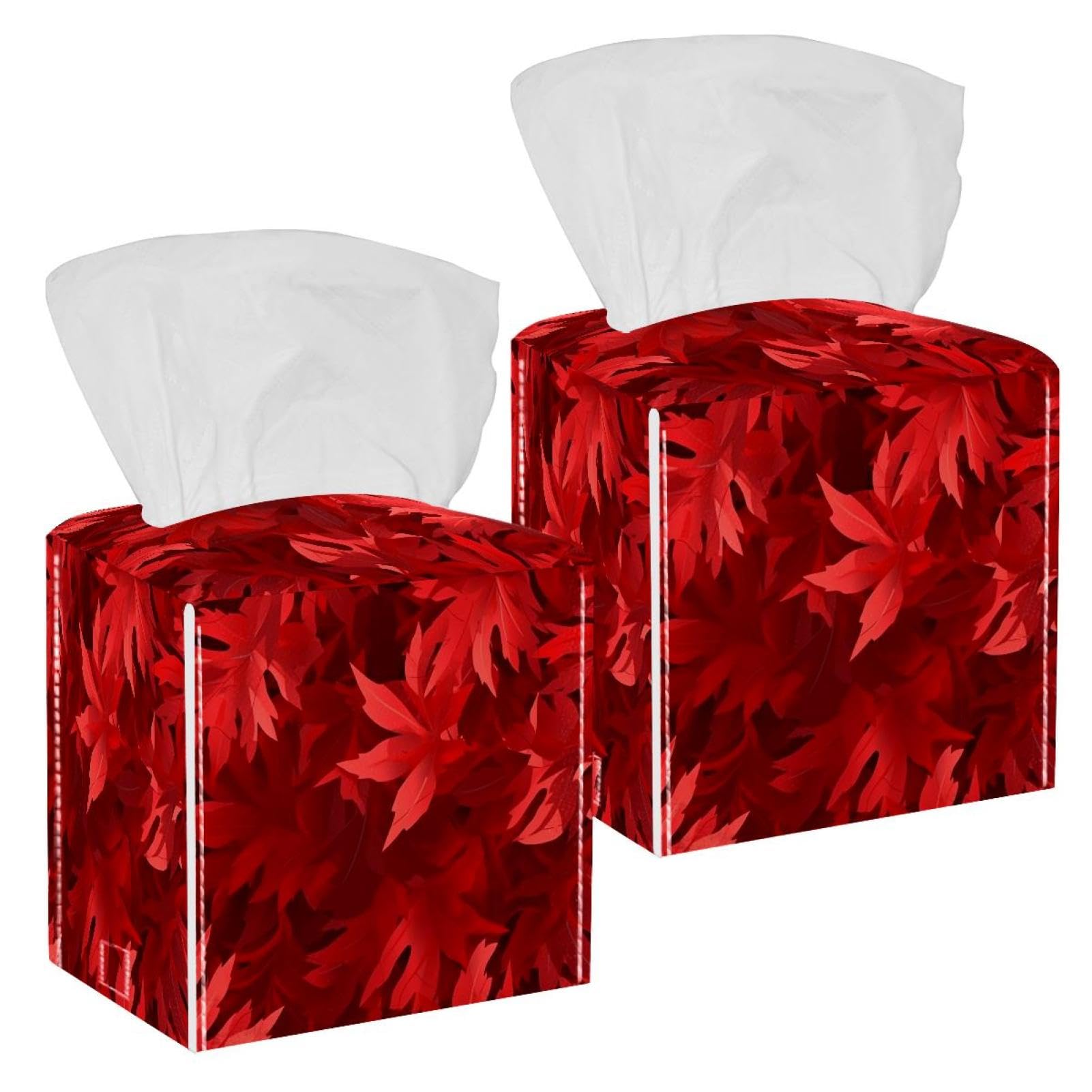 Artistic Leaves Tissue Box Cover, 2 Pack PU Leather Square Facial Tissue Dispenser Box holder for Home Office Car