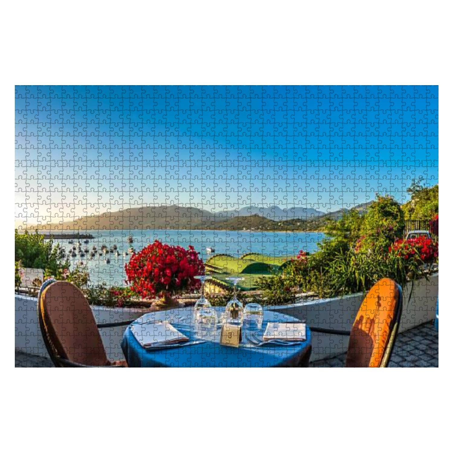 Romantic dinner place with idyllic view of coastscape at sunset 1000 Pieces Wooden Jigsaw Puzzles for Adults Kids DIY Children Educational Puzzles Games Toys Creative Gifts Home Decor
