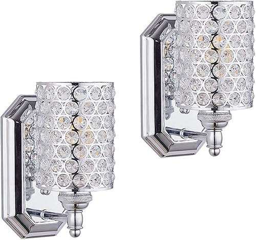 Miniatura 9 de Paquete de 2 lámparas de pared de cristal con acabado cromado, lámpara de pared de estilo conciso moderno, pantalla de cristal poliédrico para baño,
