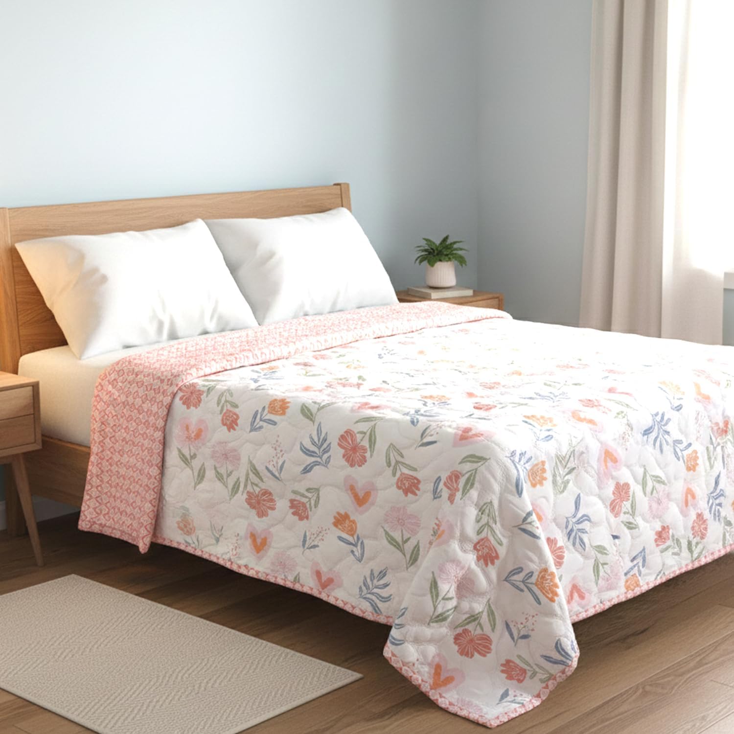 220 GSM 100% Cotton Microfibre Reversible Comforter AC Blanket for Summer/Winter/Quilt Soft Breathable Floral Print Duvet Single/Double Bed (White, Single Bed(144x220 CM))-image-23