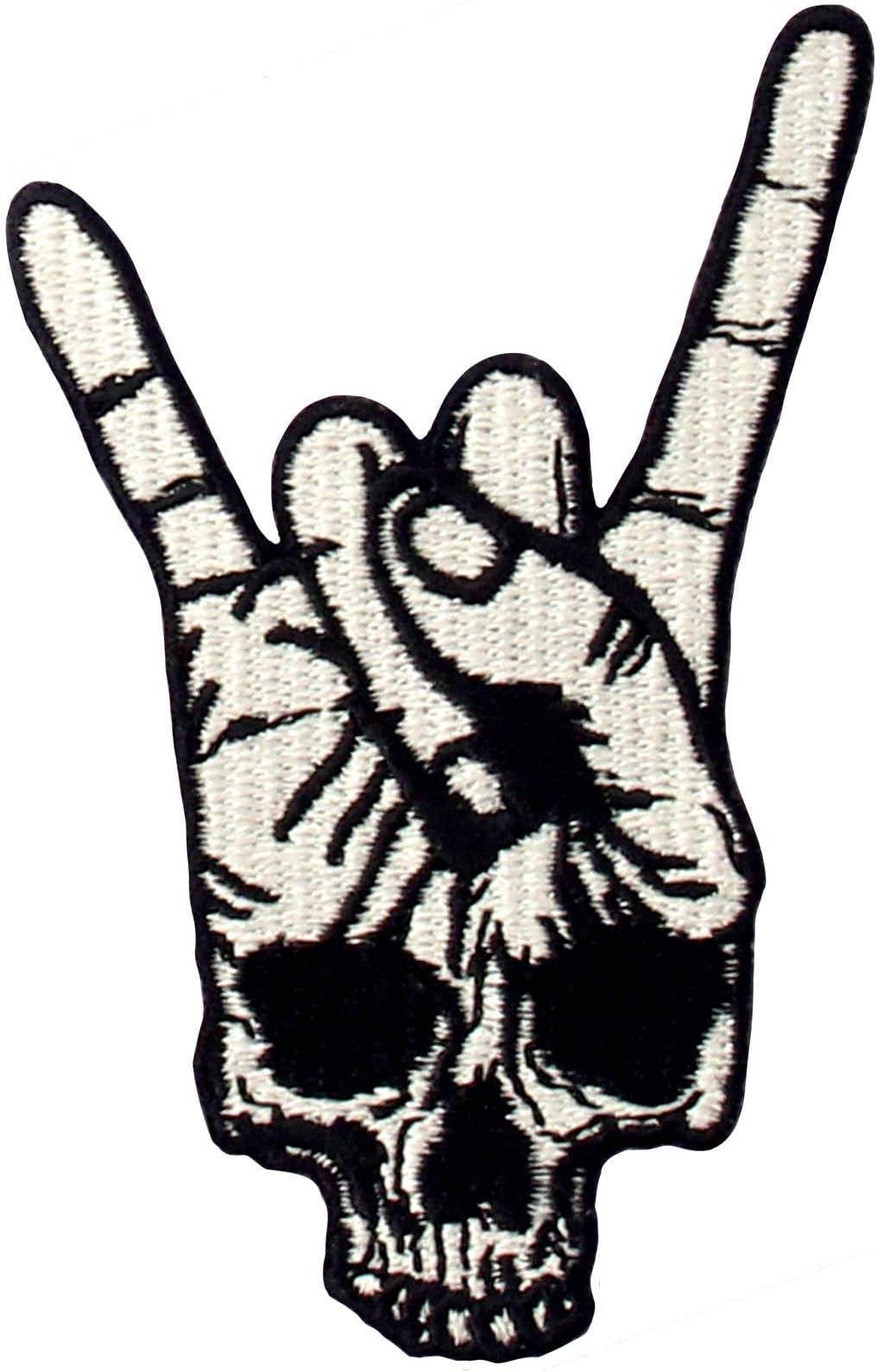 Rock and Roll Skull Hand Symbol Finger Sign Patch Embroidered Applique Badge Iron On Sew On Emblem