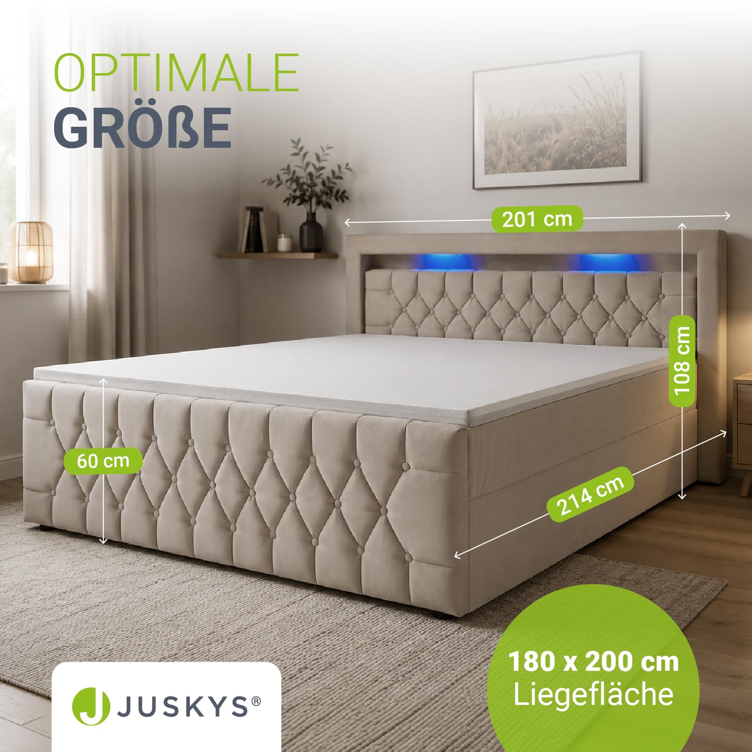 Juskys Boxspringbett Leona 180x200 cm - Bett mit LED Beleuchtung, Topper & H4 Federkern Matratzen - Doppelbett mit Samt und Steppung - Beige