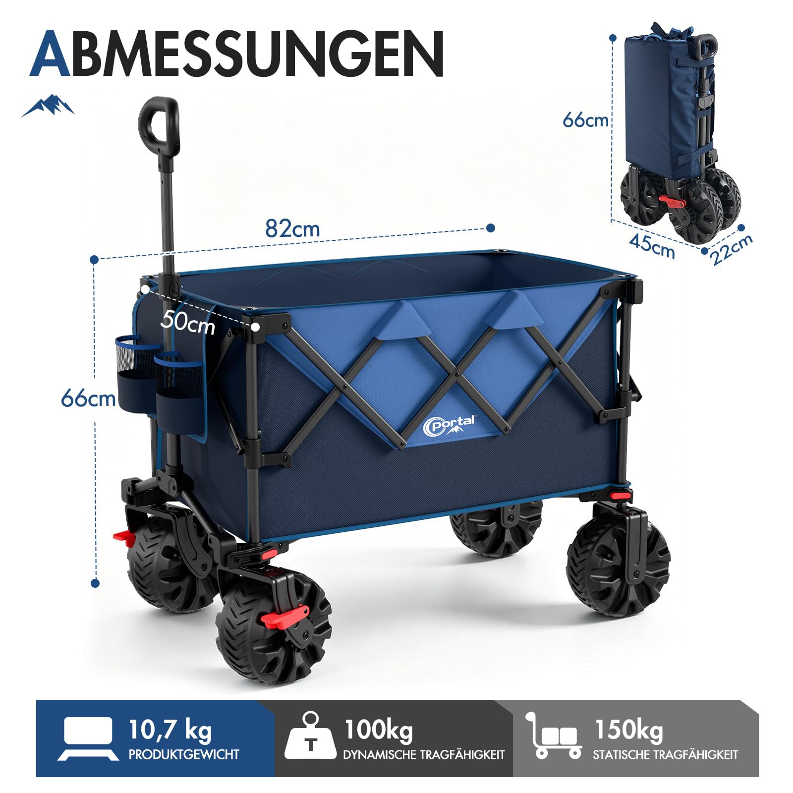 Portal Bollerwagen faltbar 250L 150kg mit Größe Reifen