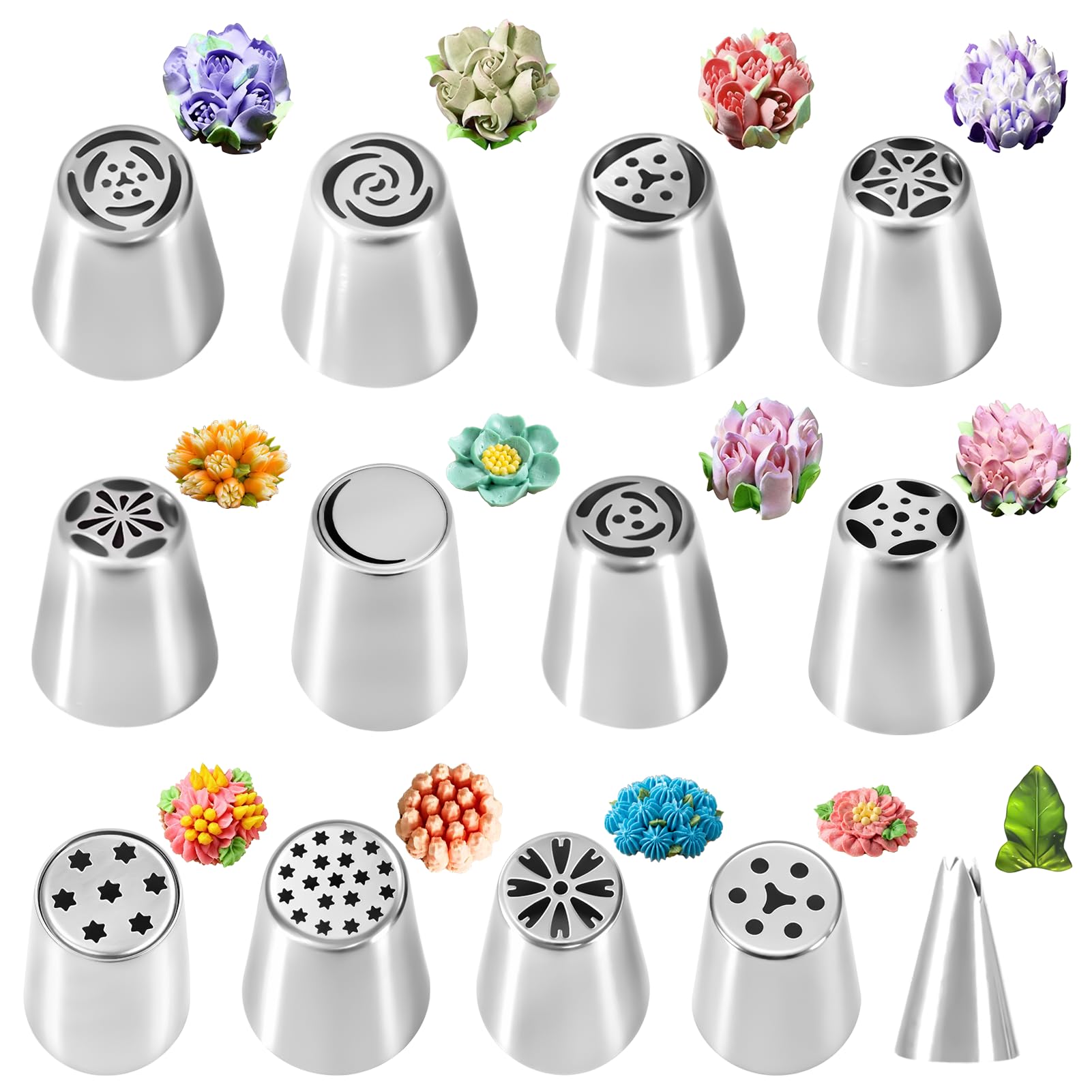 Russian Piping Nozzles Set, 12 Pcs Large 4cm Stainless Steel Flower Icing Nozzles, Cake Decorating Kit, Flower Piping Tips for Buttercream, Royal Icing & Pastry
