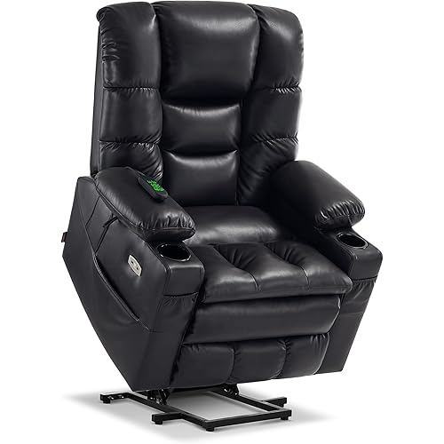 MCombo Large Triple Motor Power Lift Recliner Chair with Massage and Dual Heating, Adjustable Headrest for Tall Elderly People, Faux Leather 7634 (Black, Large)