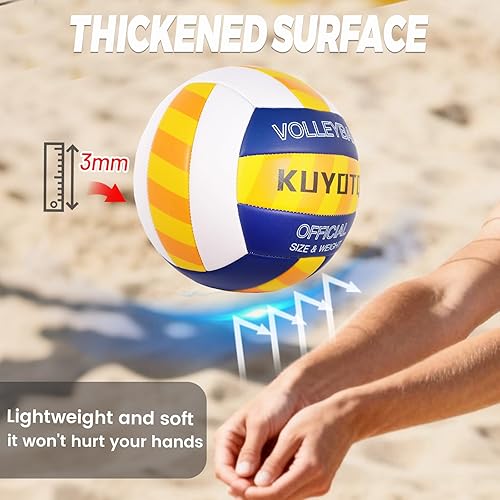 Miniatura 5 de KUYOTQ Balón de voleibol de playa a rayas, superficie gruesa de 0.118 pulgadas, pelota de voleibol de cuero suave para hombres jóvenes, juego de