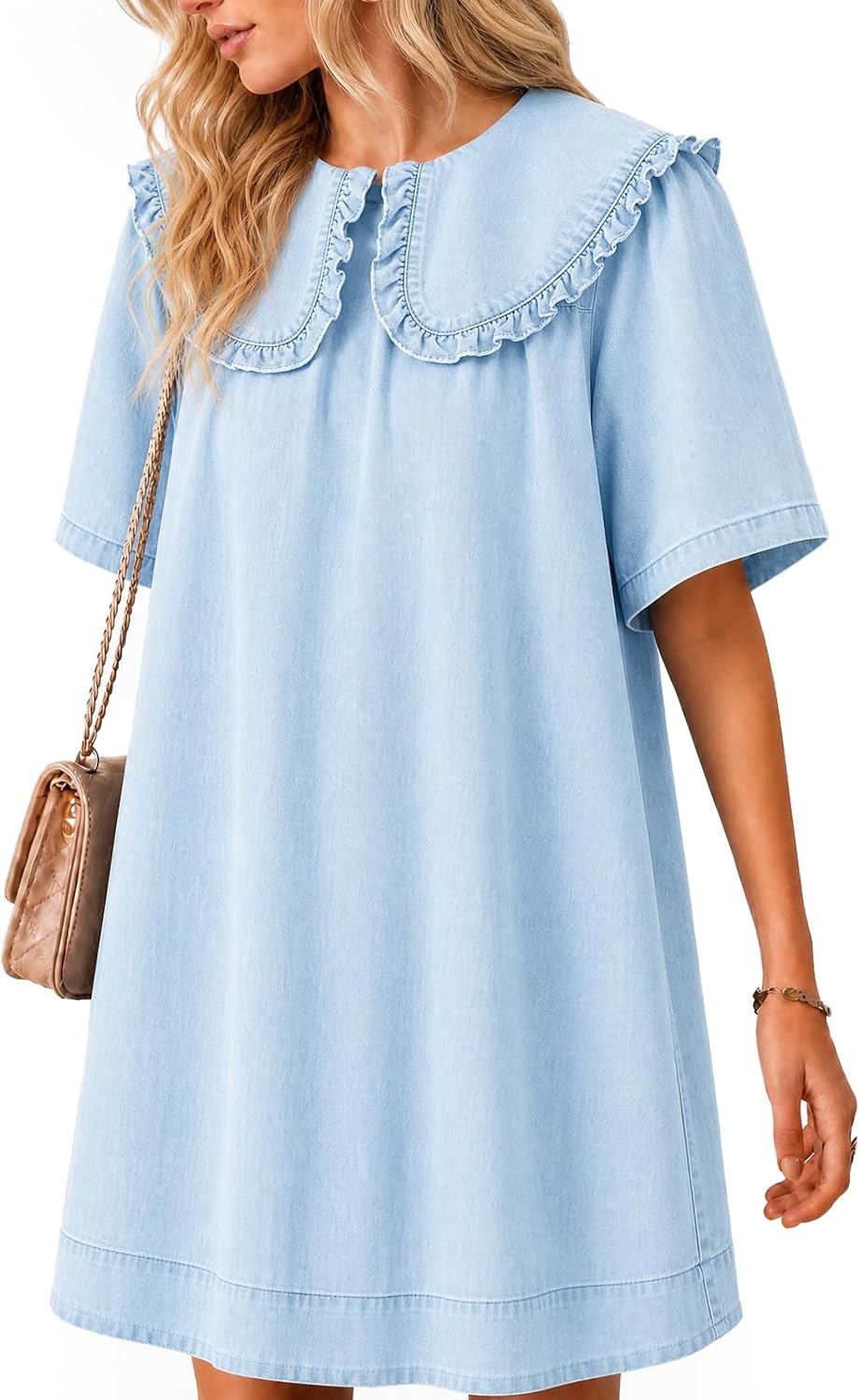 Wenrine Womens Summer Denim Mini Dress Oversized Peter Pan Collar Short Sleeve Casual Flowy Babydoll Jean Dresses