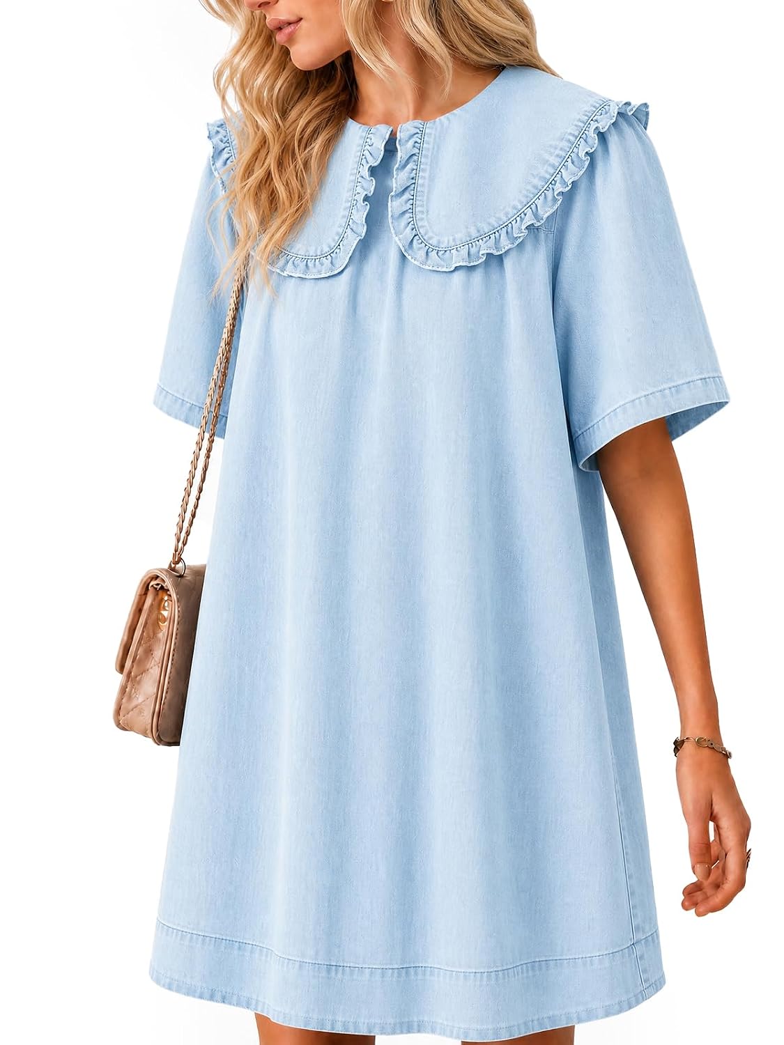 Wenrine Denim Mini Dress, Peter Pan Babydoll - Image 7
