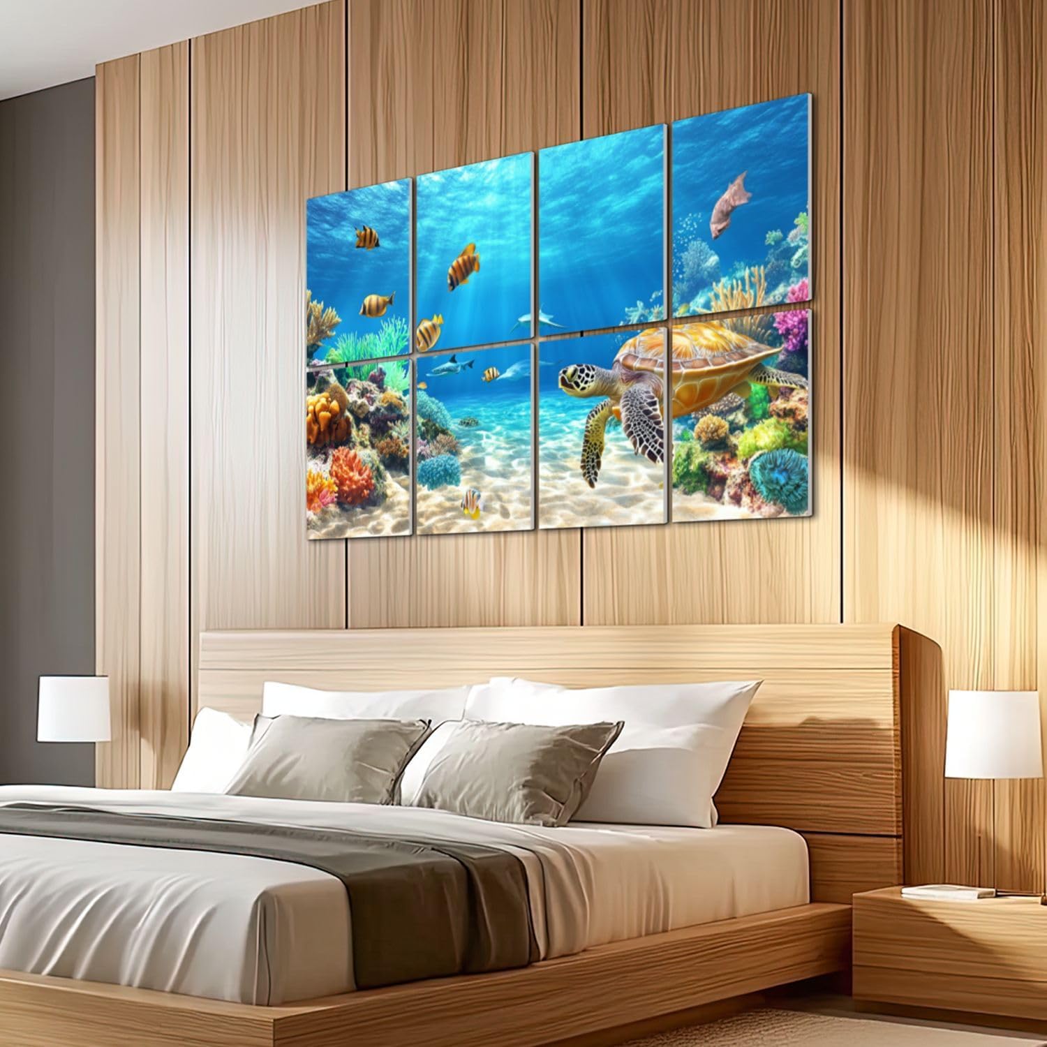 8 Pack Art Acoustic Panels Sound Absorbing Ocean Water Turtle Fish Coral Reefs Sea Nature Wilderness Tropical Sun Decorative Soundproof Wall Panels Self Adhesive for Recording Studios Office 48"x32"