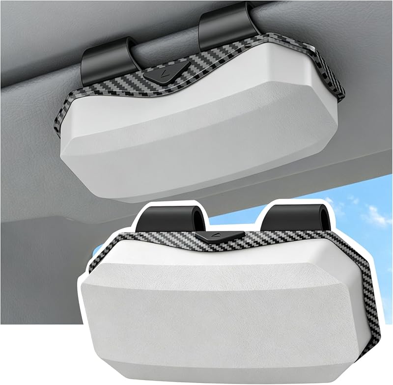 Porta-Óculos para Para-Sol Automotivo MailiMy com Abertura por Pressão, Textura de Fibra de Carbono e Interior Acolchoado Cinza e Branco