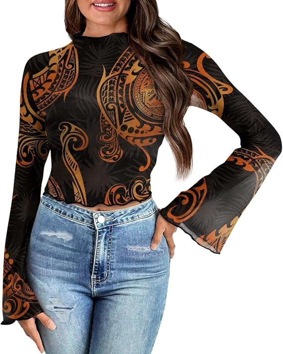 Jndtueit 70s Polynesia Bell Sleeve Shirts for Women Mock Neck Mesh Top Crop T Shirt Sheer Ruffle Flare Long Sleeve Tee Top