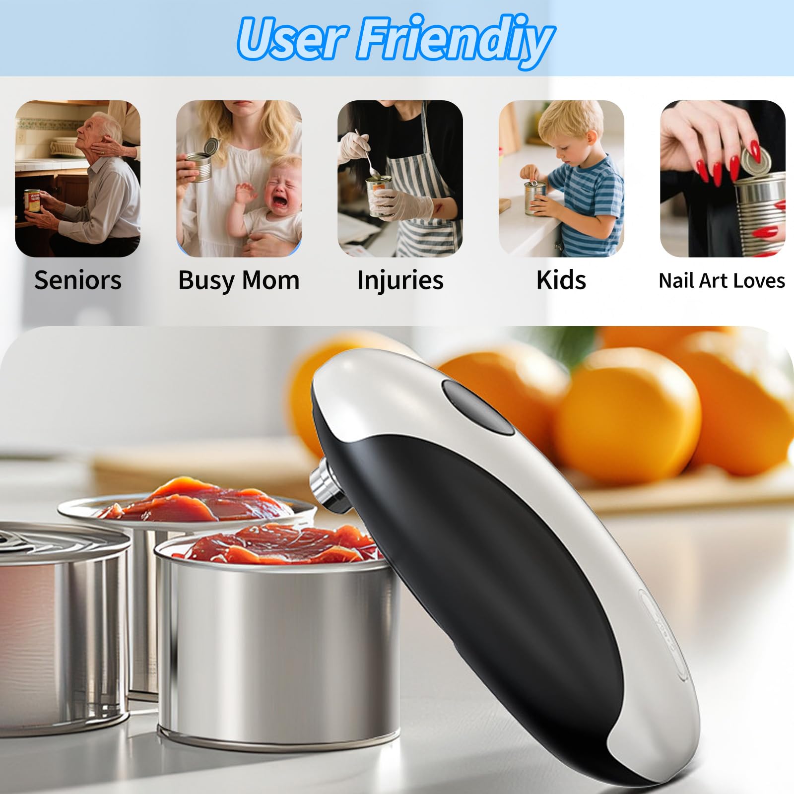 Apriscatole elettrico, ricaricabile tramite USB, gadget da cucina, funzionamento automatico one-touch, a batteria, con bordo liscio, per anziani