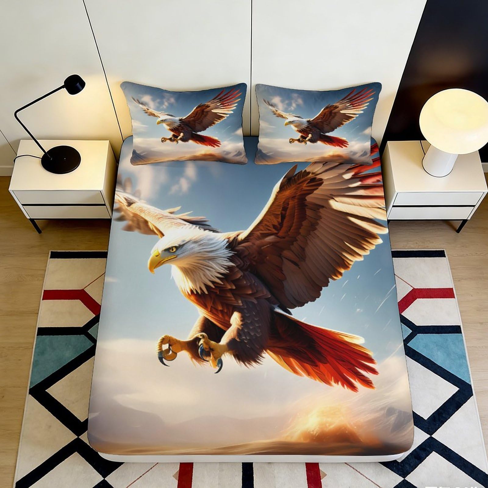 Kzqjxnhpcr Style-3 3D Printed Eagle Design Fitted Sheet Microfiber Deep Pocket Non-Slip Eagle Mattress Fitted Cover For Bedroom Bedding 90X200x25cm 90X200x25cm