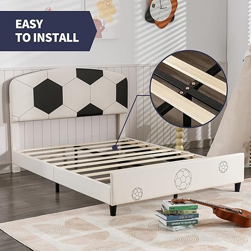 Miniatura 8 de ZAFLY Marco de cama de tamaño individual para niños, marco de cama infantil con cabecera de piel sintética, listones de madera fuertes, marco de