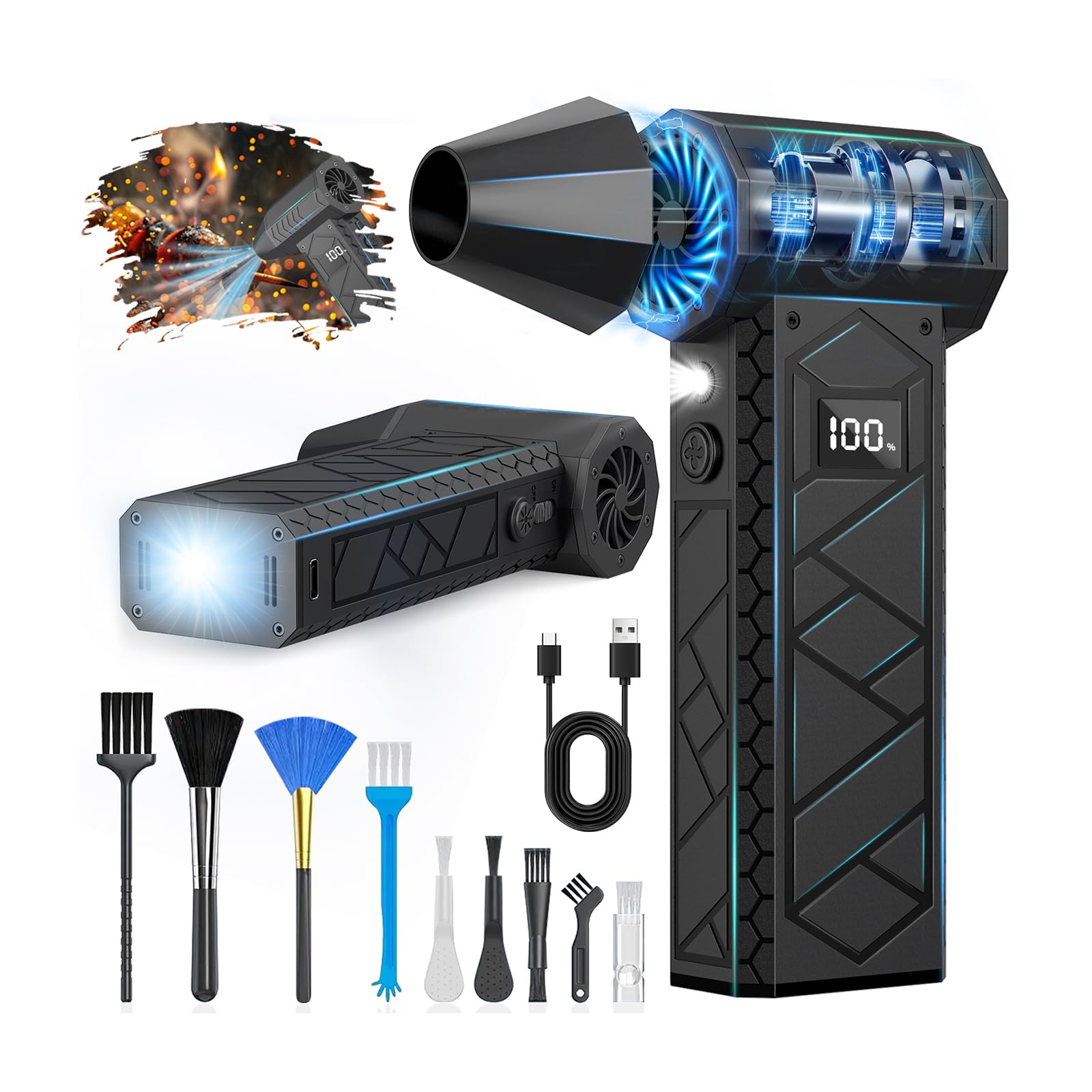 Electric Air Duster with LCD Screen & Flashlight, 180000RPM Compressed Air Duster Turbo Fan(10000mAh), High-Speed Electric Air Blower Duster with 4 Gear Wind, Jet Fan with Assist Lighting -Black