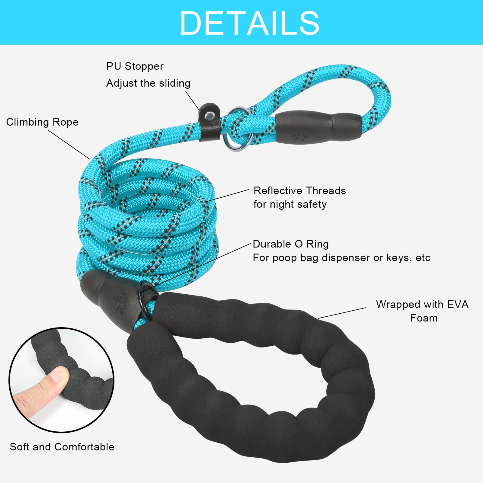 UsunyVora Slip Lead 5 FT for Medium and Large Dogs,Puppy Dog Training Leash Heavy Duty,No Pull Reflective Nylon Dog Leash,Rope Training Leash for Dogs That Pull,Sky Blue
