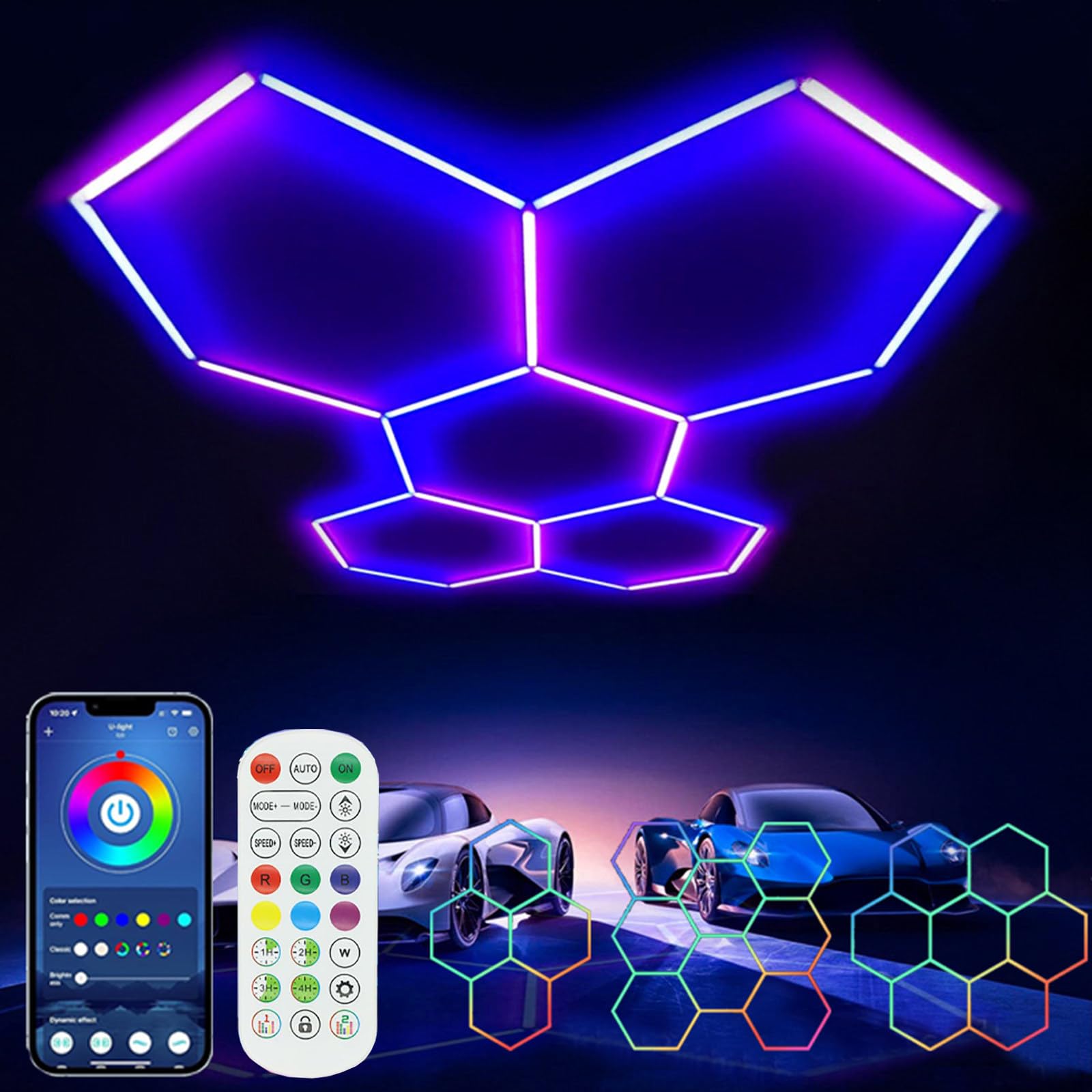 RGB Neon LED Garage Lampada Esagonale Plafoniera LED Nido d'Ape, Light Hexagon RGB con modalità Musicale, Remoto Controllo + App, per Decorazioni da Bar del Seminterrato della Sala da Gioco