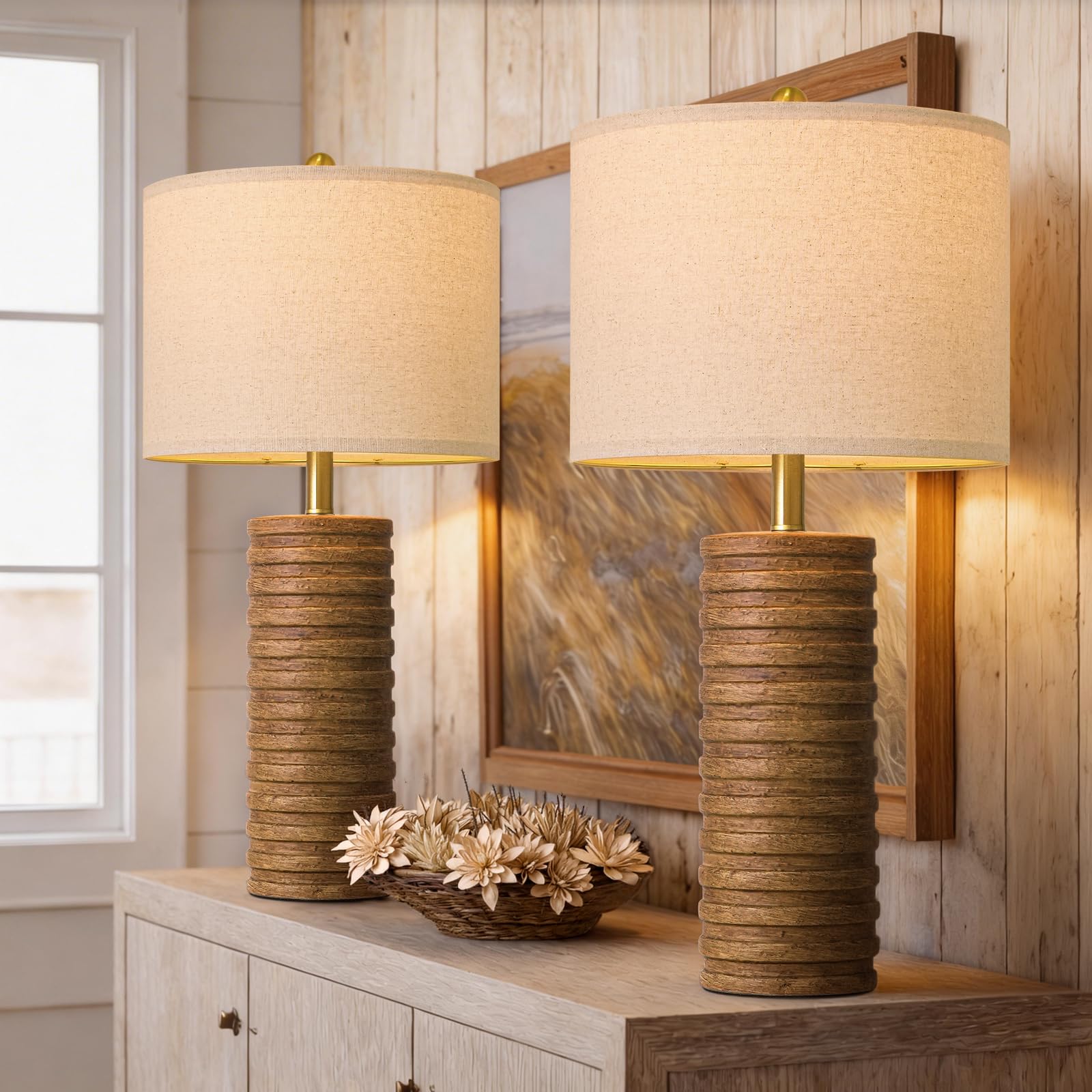 Photo 1 of PoKat Farmhouse Table Lamps Set of 2 for Living Room, 27'' Tall Retro Ceramic Bedside Lamps with Linen Lampshade for Bedroom, Vintage Wood-Like Rustic Nightstand Lamp Office Sideboard Hallway (Brown)