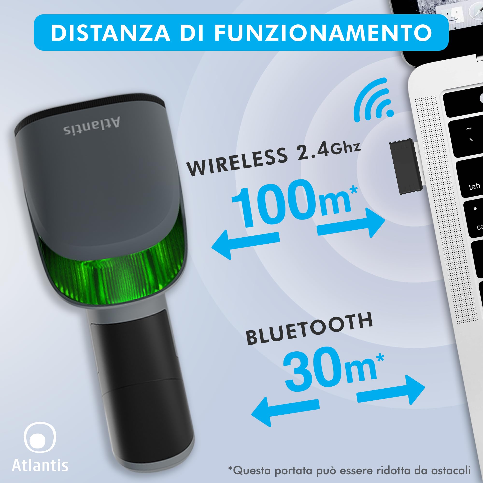 Atlantis A08-LD230P-2D-W Lettore Codici a Barre Barcode reader scanner Wireless 1D e 2D Ottico Prof (640x480), 60 fps, legge da smartphone e display, codice farmaceutico, collegamento USB,guida rapida