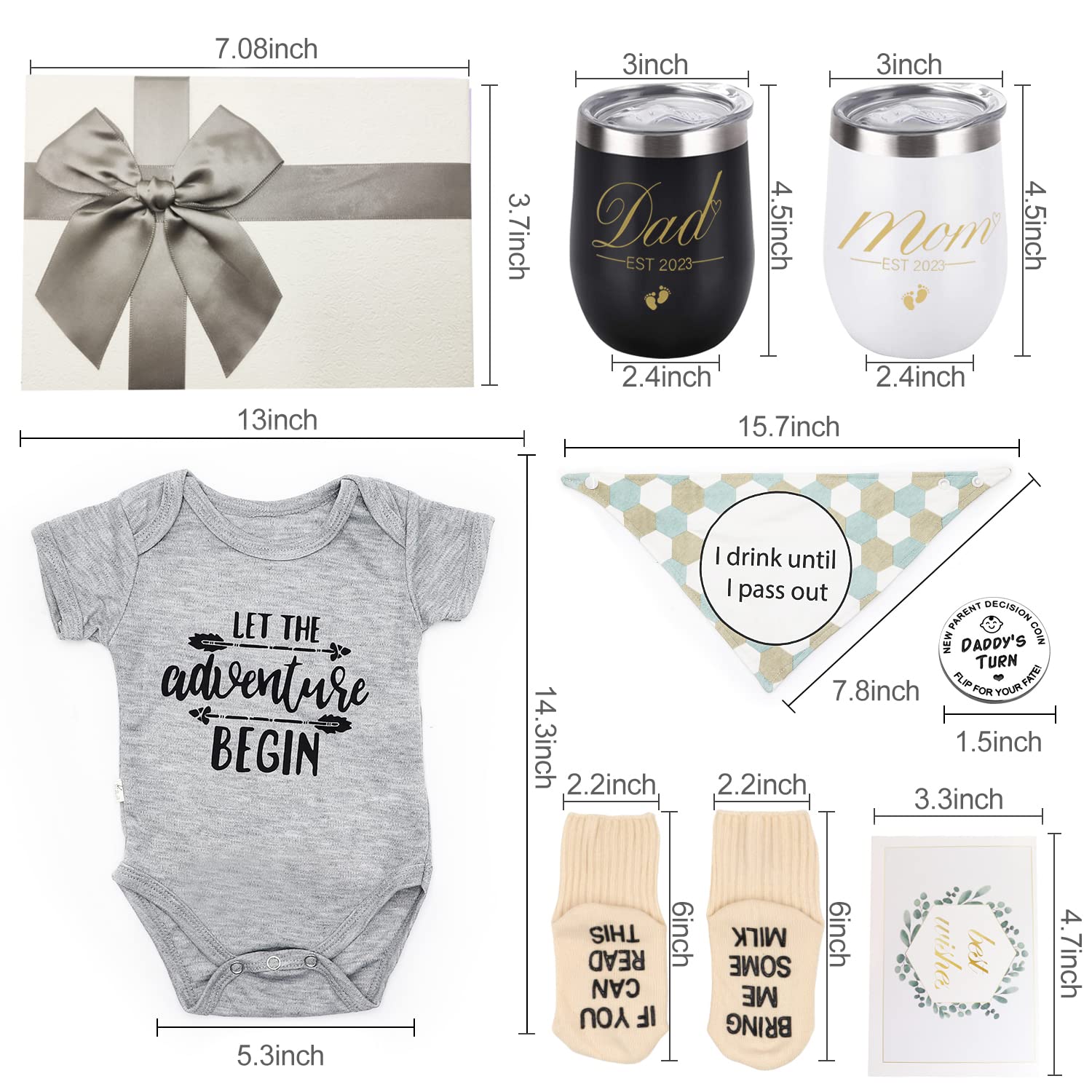 Pregnancy Gift Est 2023, First Time Mom Gifts for Women, New Parents Wine Tumbler Set Baby Onesie Socks Bib Decision Coin - Top Mom Dad Gift Set Idea for Baby Shower, Gender Reveal : Baby
